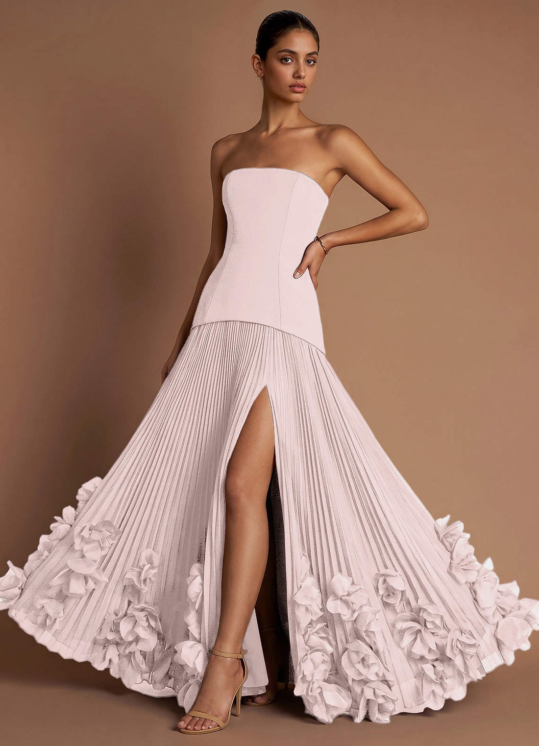 Marnie A-Line Corset Crepe Chiffon Evening Dress in Blushing Pink