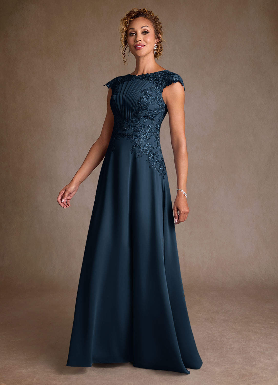 Christi A-Line Scoop-Neck Chiffon and Lace Mother of the Bride Dress in Dark Navy