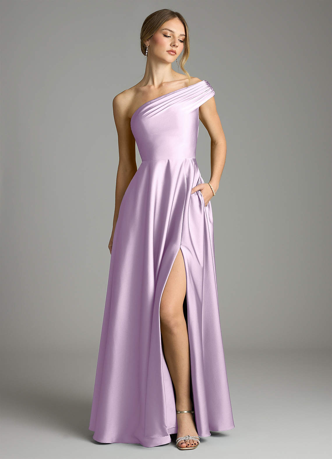 Melanie A-Line One-Shoulder Stretch Satin Bridesmaid Dress in Frosted Lilac