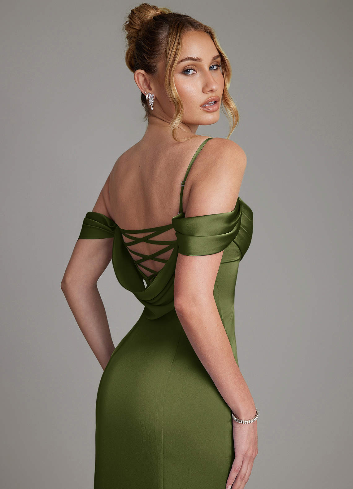 Nira Mermaid Sweetheart Stretch Satin Bridesmaid Dress in Olive