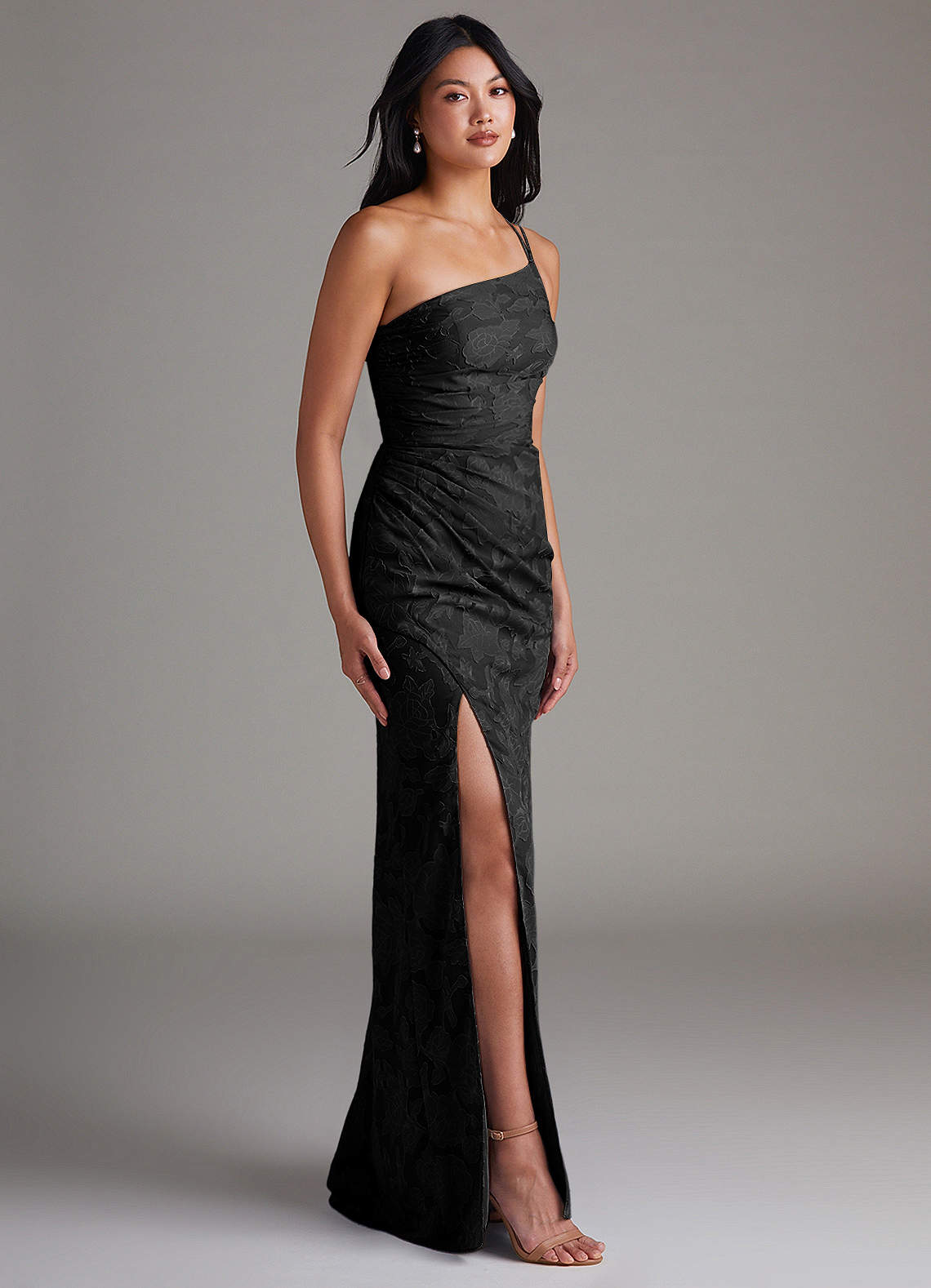 Eren Sheath One-Shoulder Floral Burnout Bridesmaid Dress in black