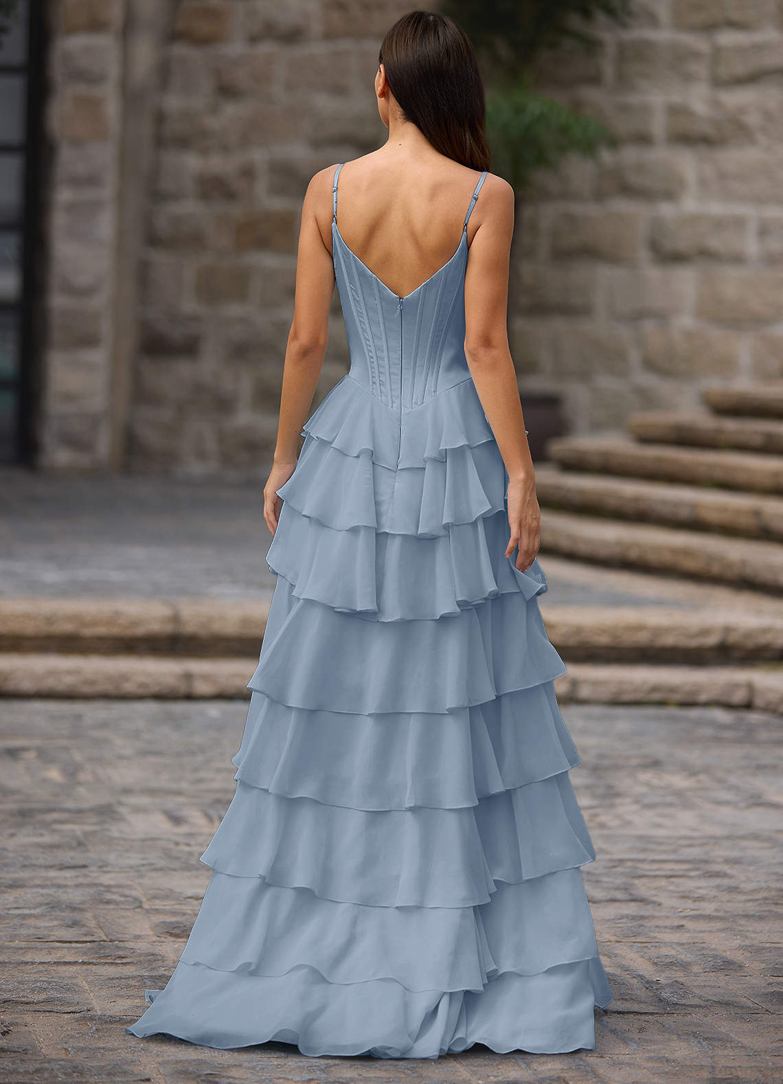 Floralace A-Line Ruffle Chiffon Evening Dress in Powder Blue