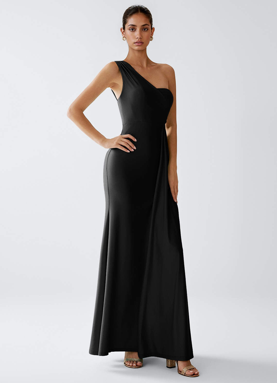 Celira Sheath One-Shoulder Glossy Knit Evening Dress in Black