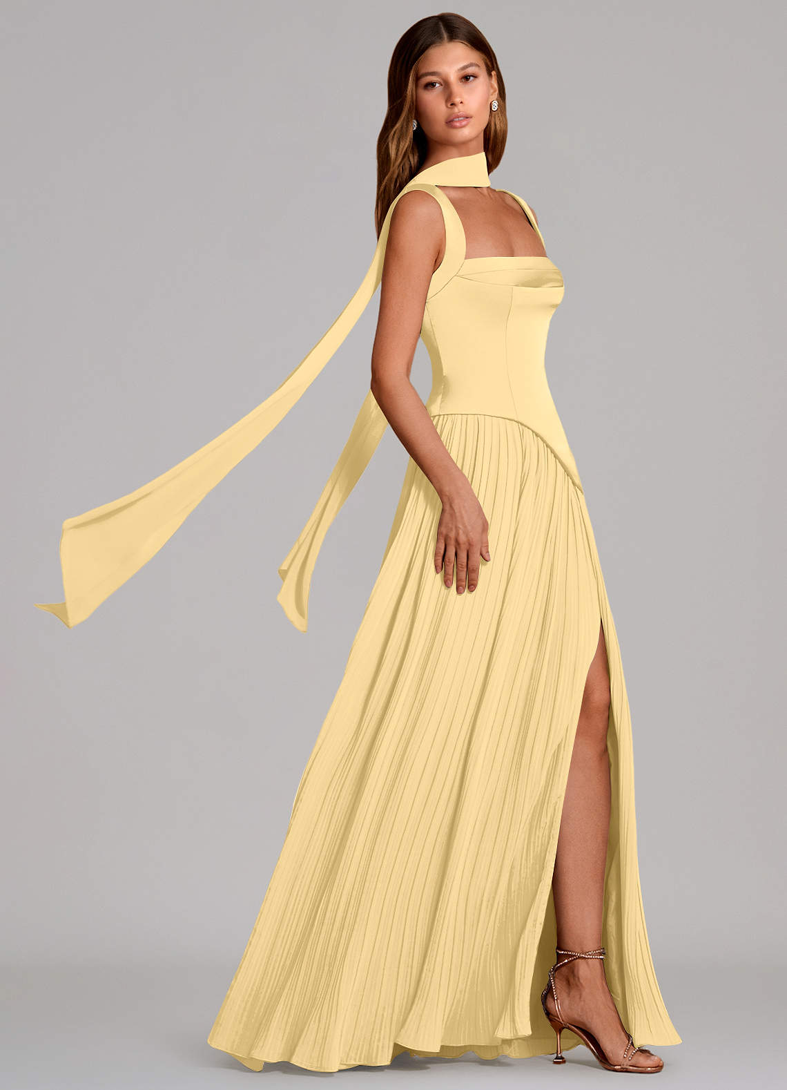 Stephanie A-Line Square-Neck Stretch Satin and Chiffon Bridesmaid Dress in Butter