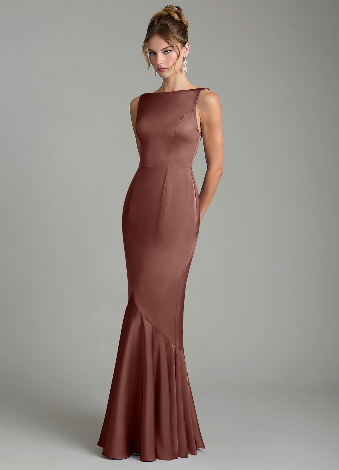 Tamera Mermaid Boat-Neck Stretch Satin and Chiffon Bridesmaid Dress in Espresso