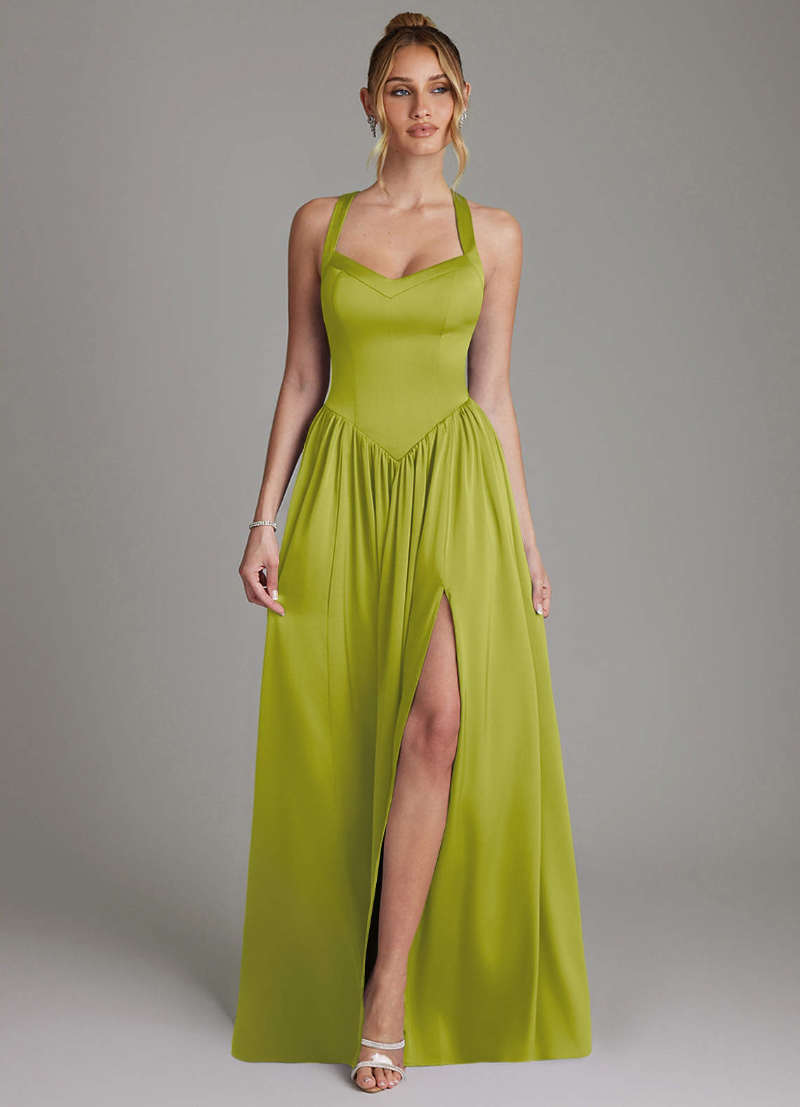 Francis A-Line V-Neck Stretch Satin Bridesmaid Dress in Lemongrass