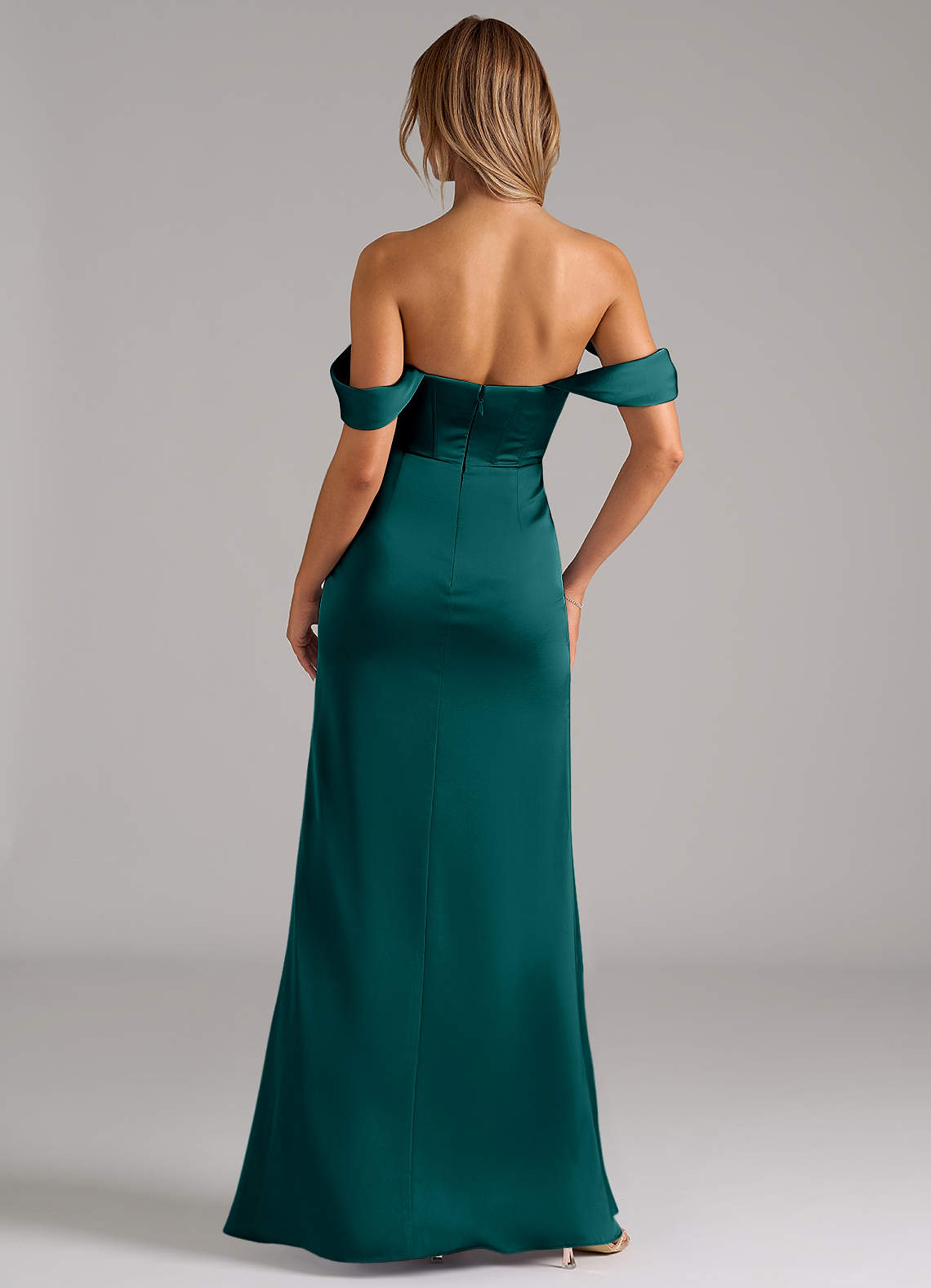 Johana Mermaid Off-the-Shoulder Stretch Satin Bridesmaid Dress in Peacock