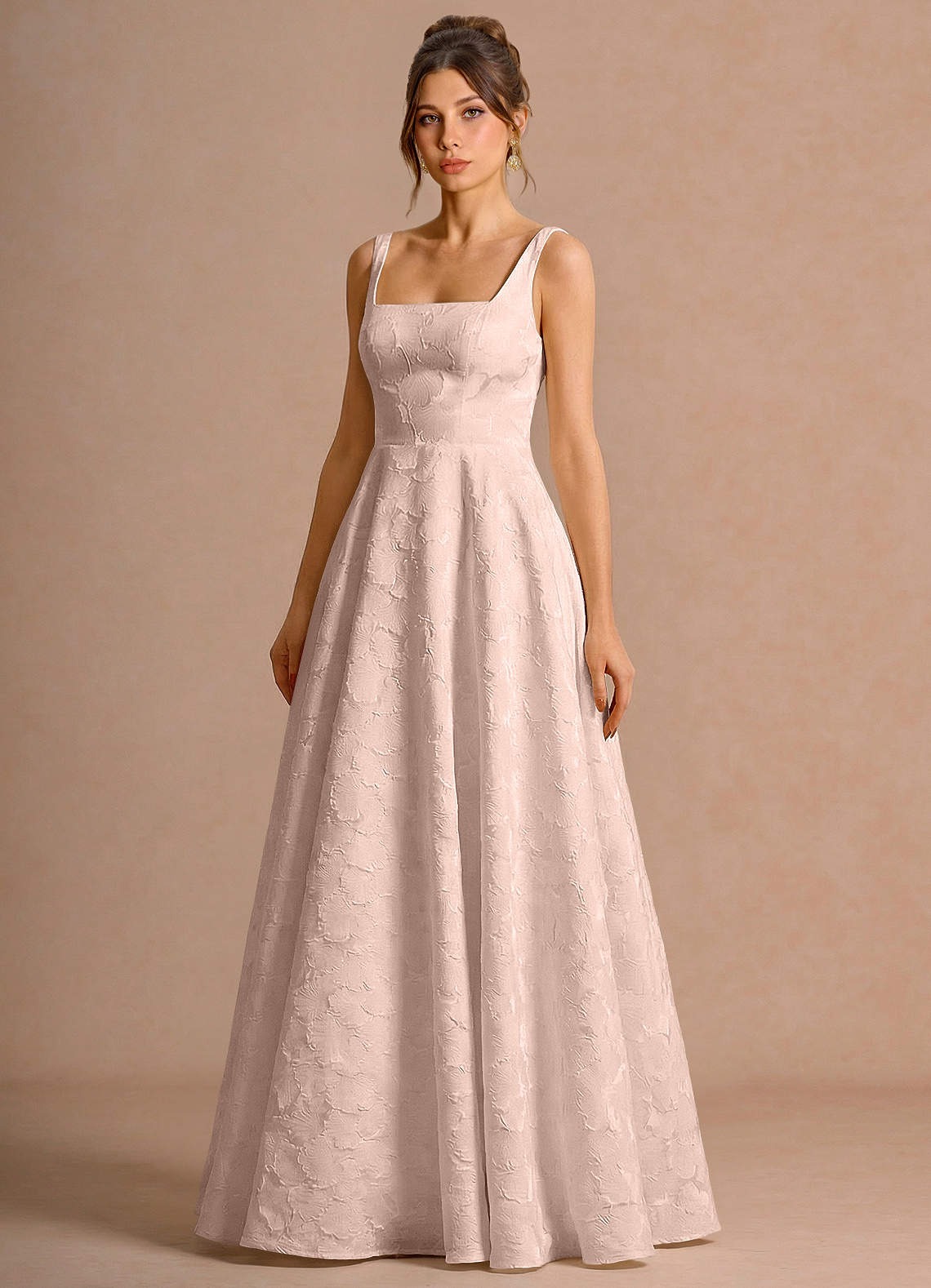 Effie A-Line Square-Neck Jacquard Evening Dress in Baby Pink