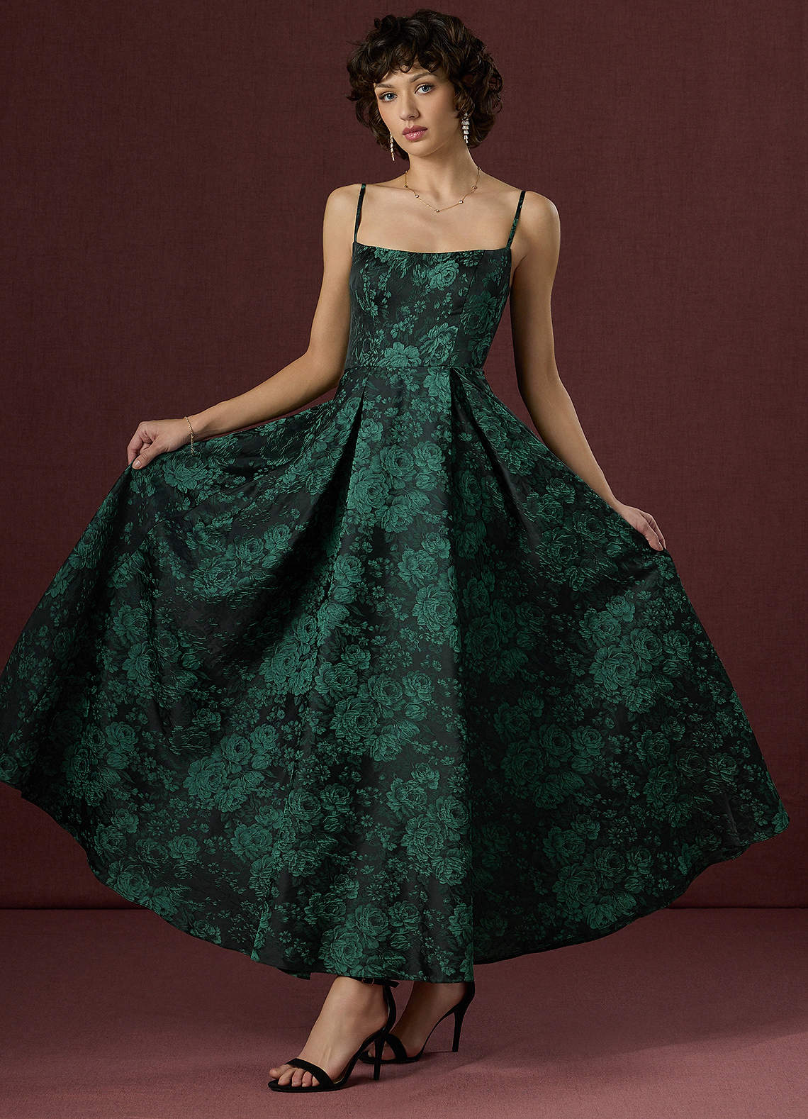 Wendy A-Line V-Back Jacquard Wedding Guest Dress in Black Emerald