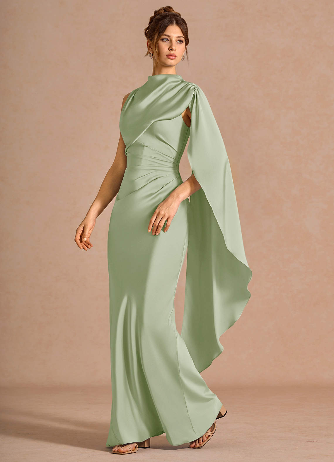 Chesney Cape-Sleeve Pleated Stretch Satin Wedding Guest Dress in Dusty Blue