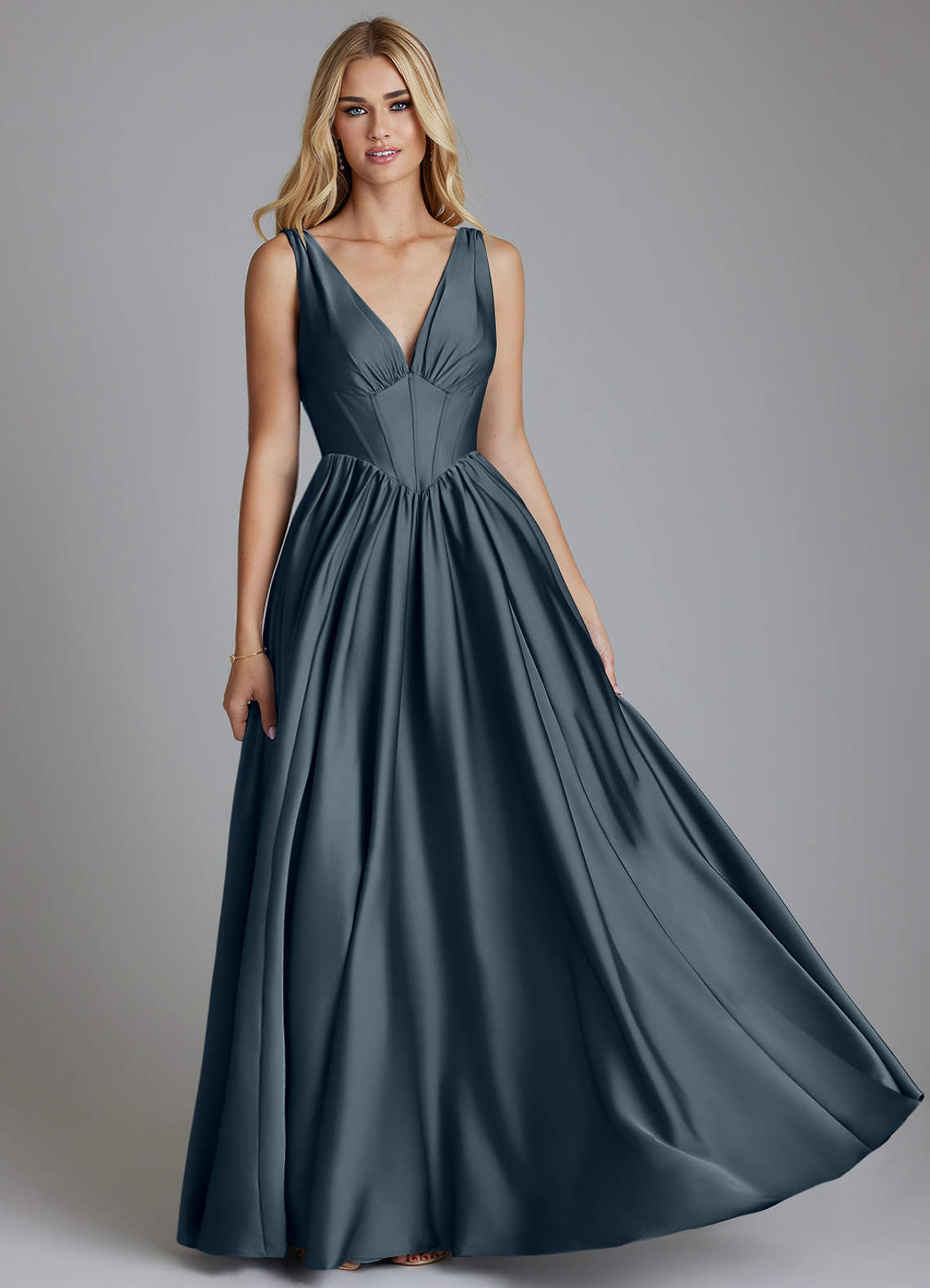 Delmie A-Line V-Neck Stretch Satin Bridesmaid Dress in Twilight