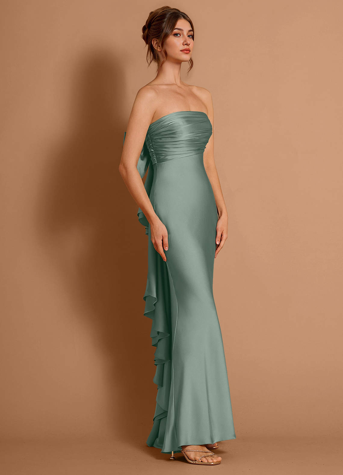 Aveline Mermaid Strapless Stretch Satin Evening Dress in Vintage Sage