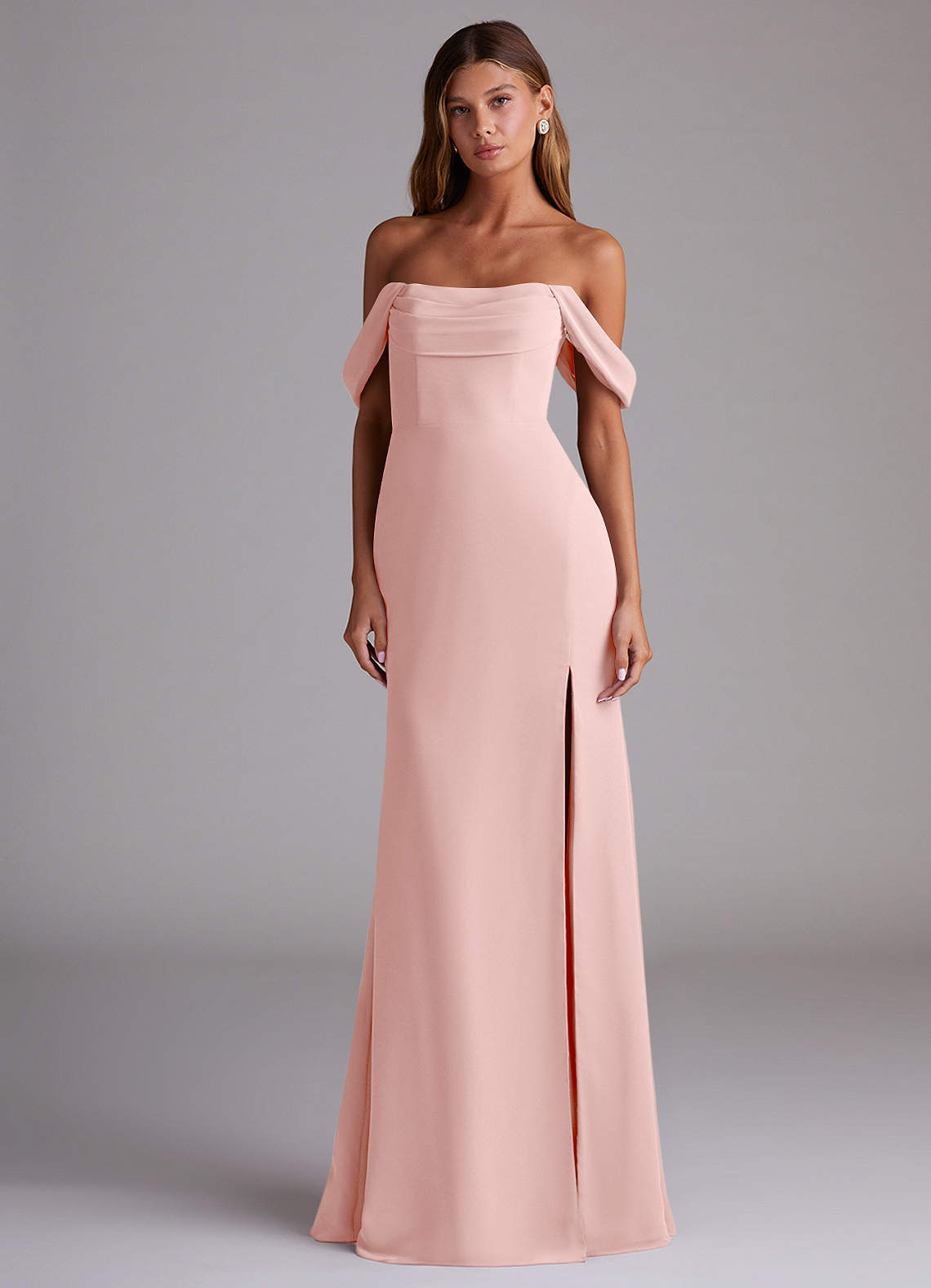 Saige A-Line Off-the-Shoulder Chiffon Bridesmaid Dress in Powder Pink
