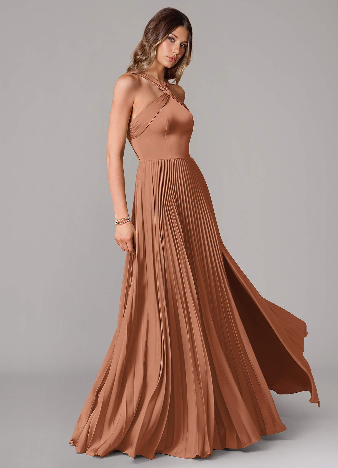 Afra A-Line Halter-Neck Stretch Satin Bridesmaid Dress in Bronzer