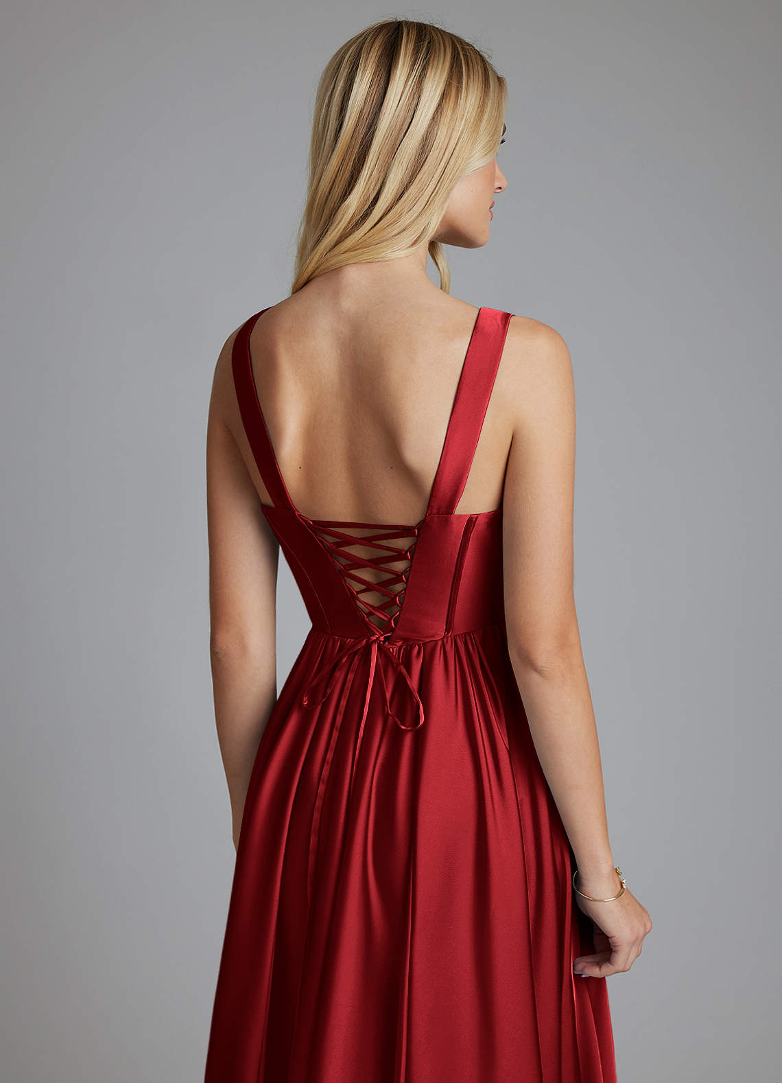 Delmie A-Line V-Neck Stretch Satin Bridesmaid Dress in Scarlet