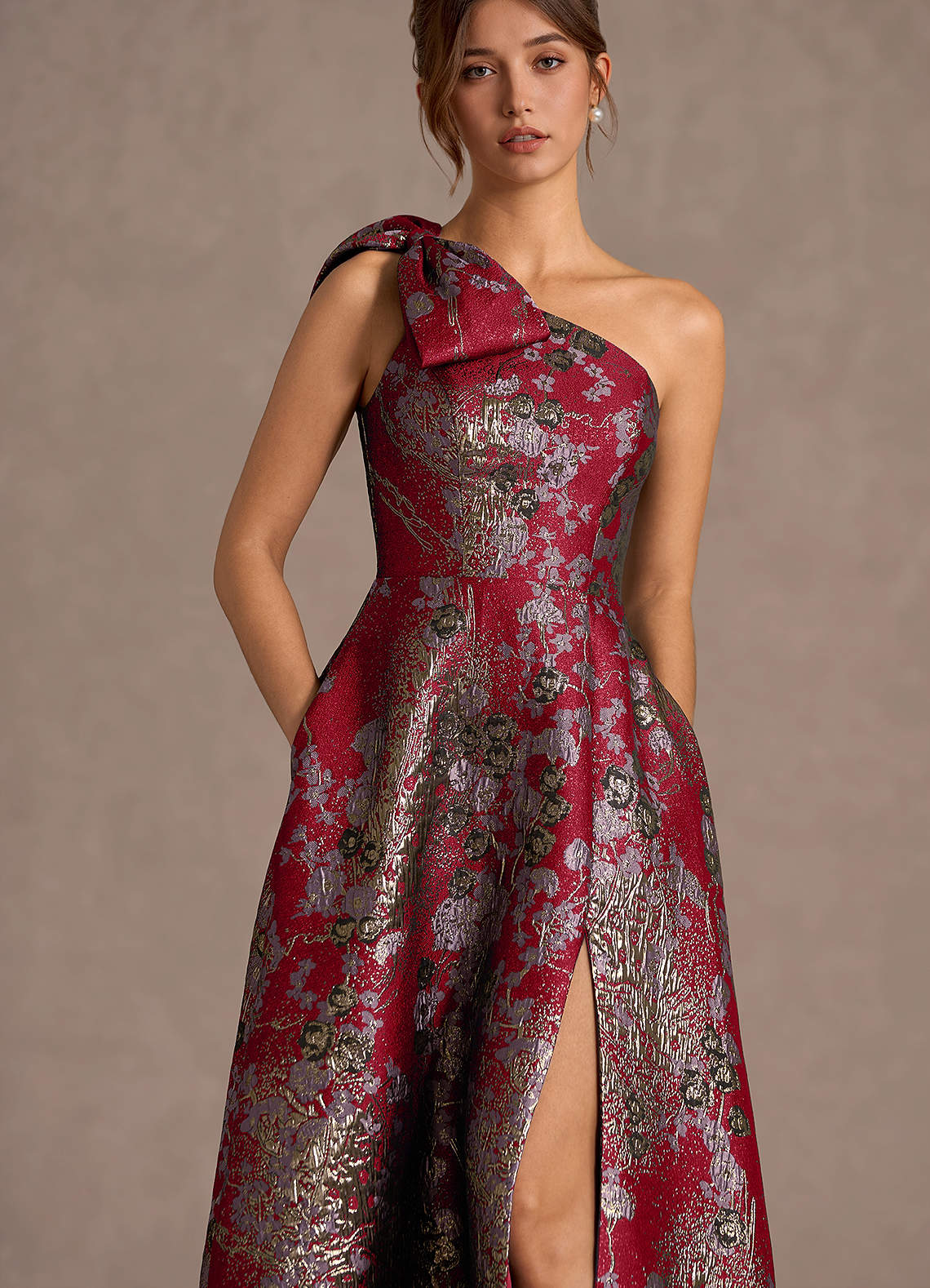 Jonelle A-Line One-Shoulder Metallic Jacquard Evening Dress in Merlot