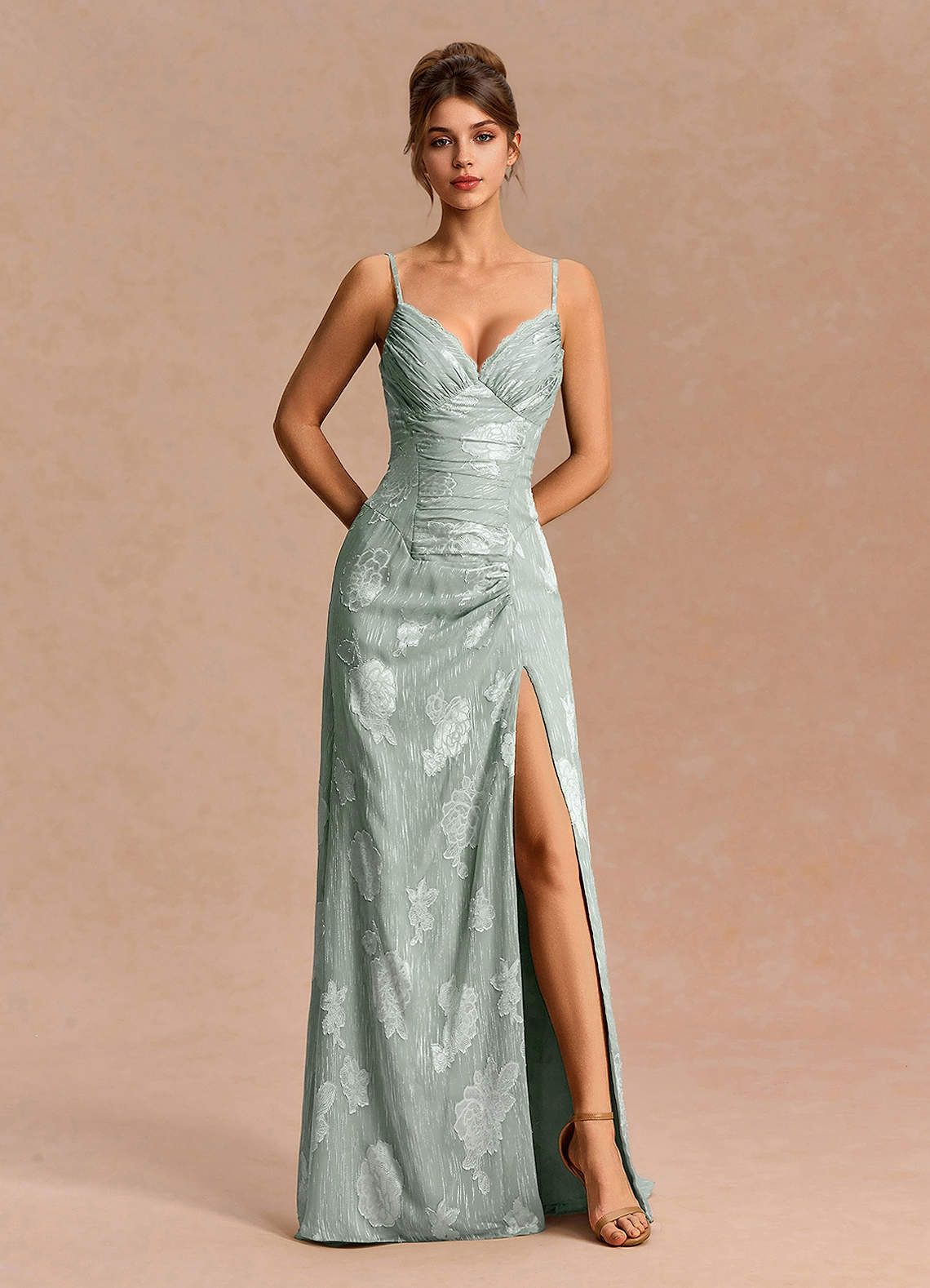 Noelle A-Line Lace-Trim Floral Burnout Evening Dress in Frosted Sage