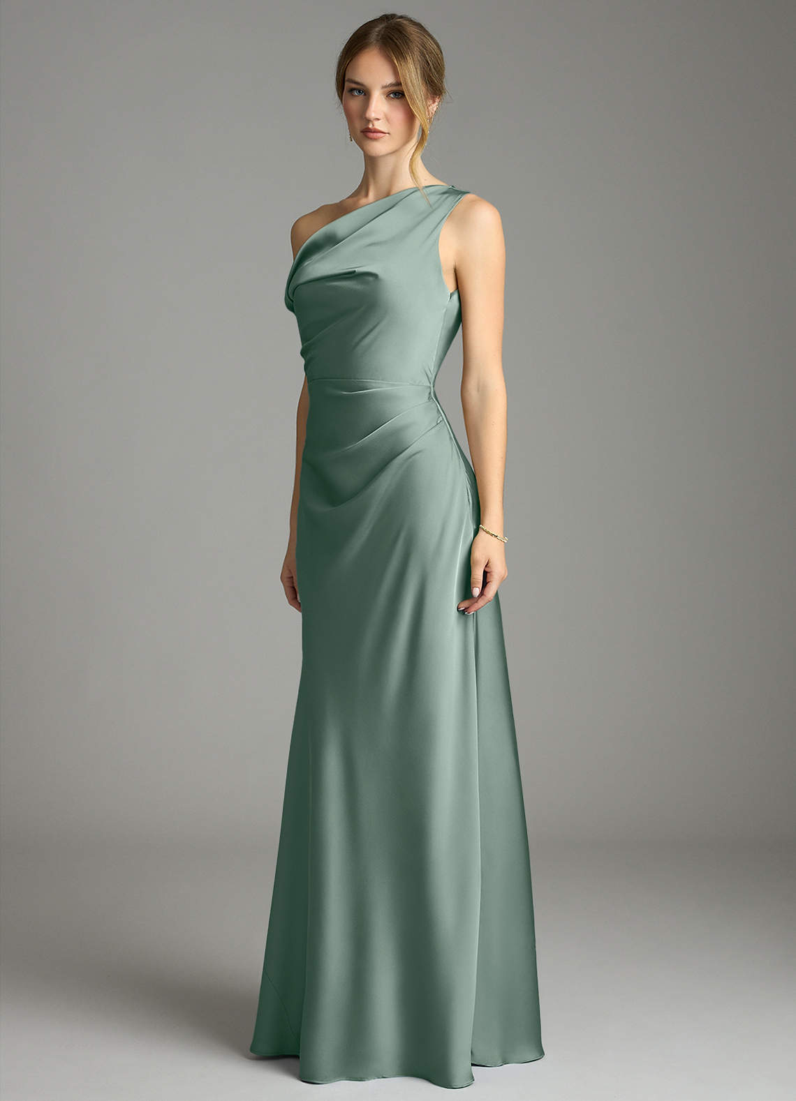 Emerson Mermaid One-Shoulder Stretch Satin Bridesmaid Dress in Silver Sage