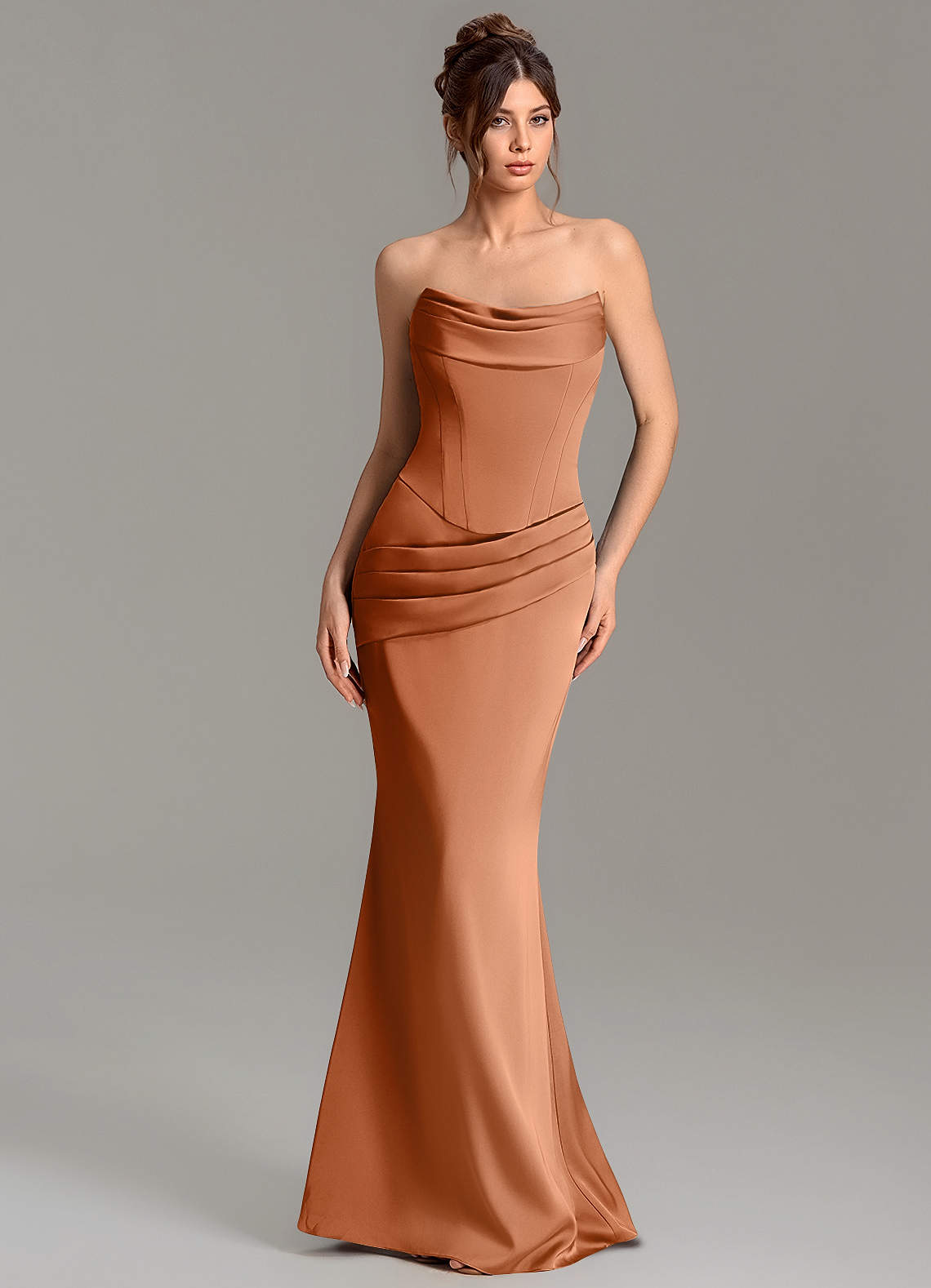 Adrienne Mermaid Cowl-Neck Stretch Satin Bridesmaid Dress in Copper