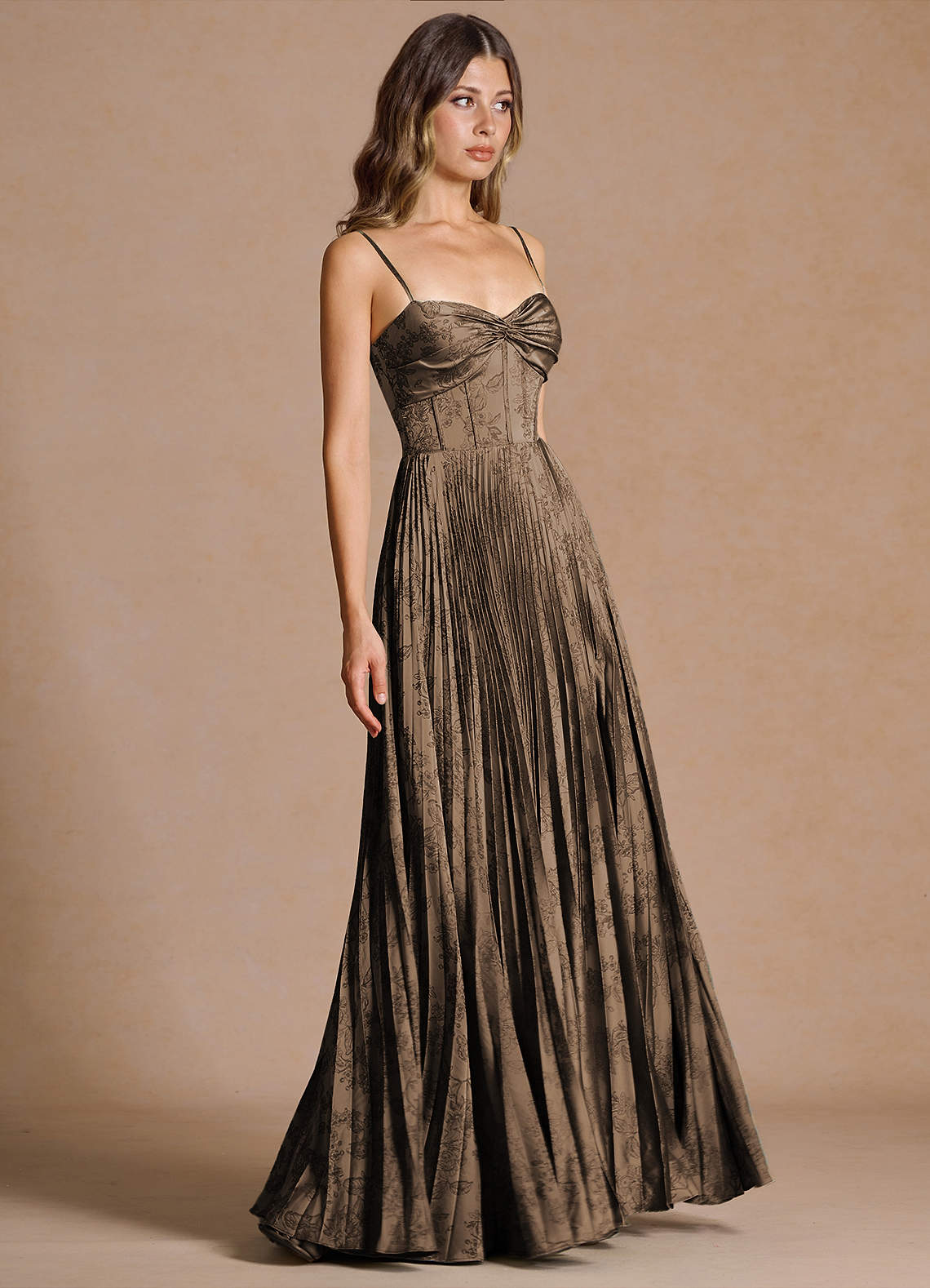 Vesper Pleated Knot-Neck Jacquard Wedding Guest Dress in Coffee Brown