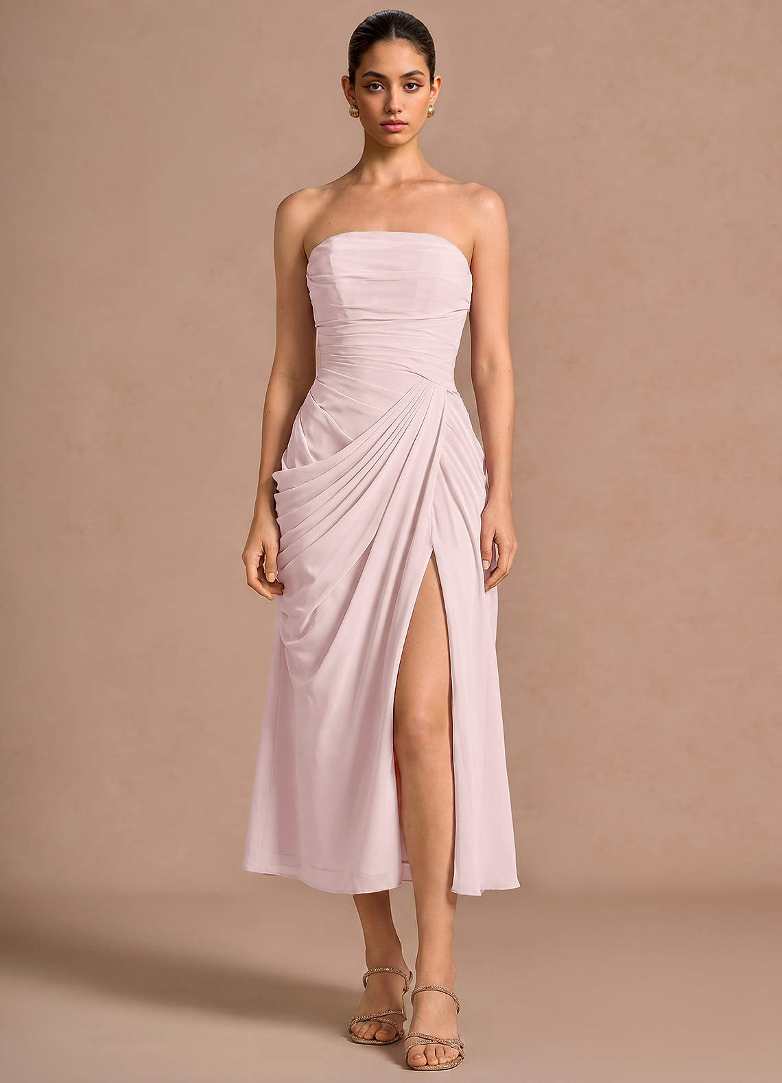 Kaavia Column Pleated Chiffon Midi Evening Dress in Powder Pink