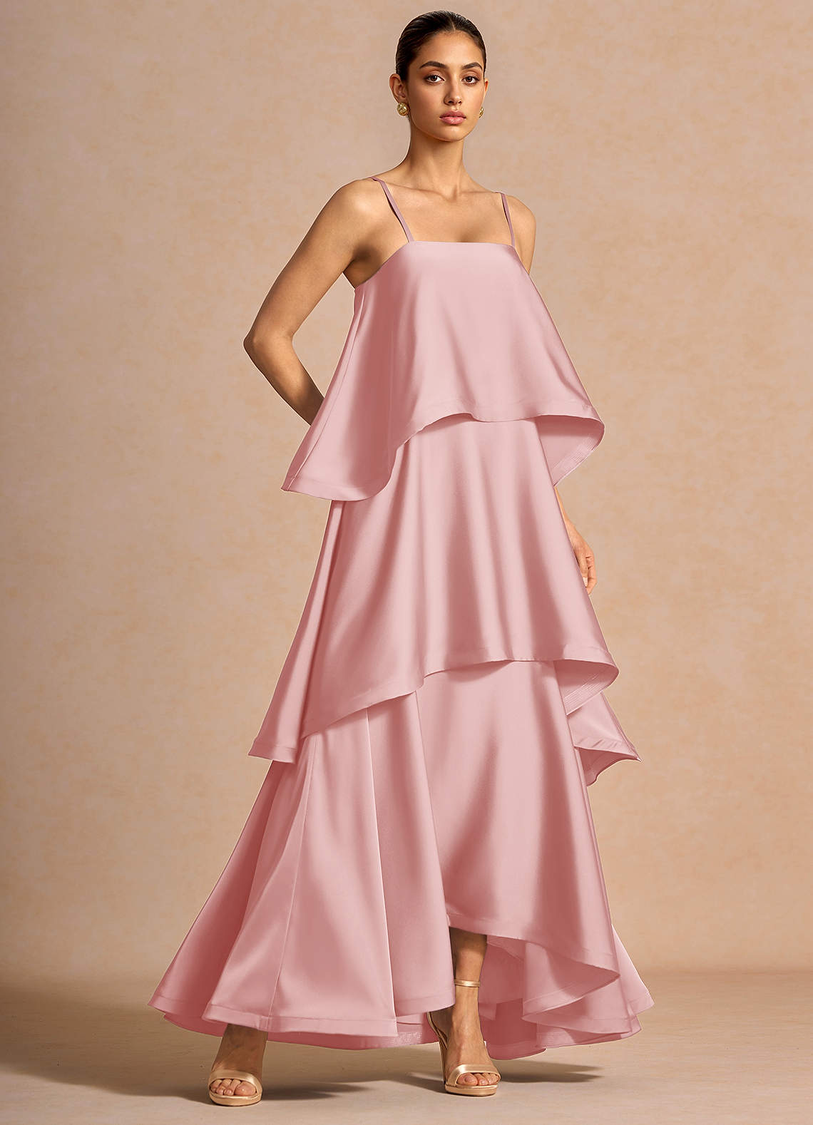 Itasca A-Line Tiered Stretch Satin Wedding Guest Dress in Haze Pink