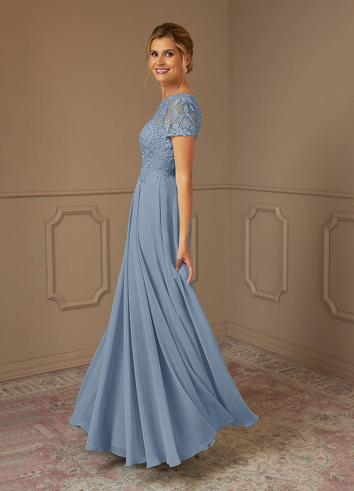 Adina A-Line Boat-Neck Chiffon Mother of the Bride Dress in dusty blue