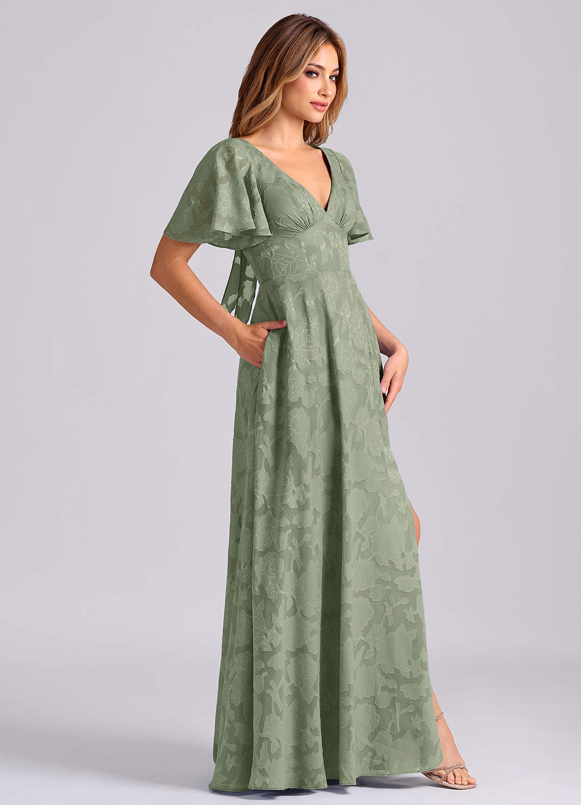 Kimber A-Line V-Neck Floral Burnout Bridesmaid Dress in Agave