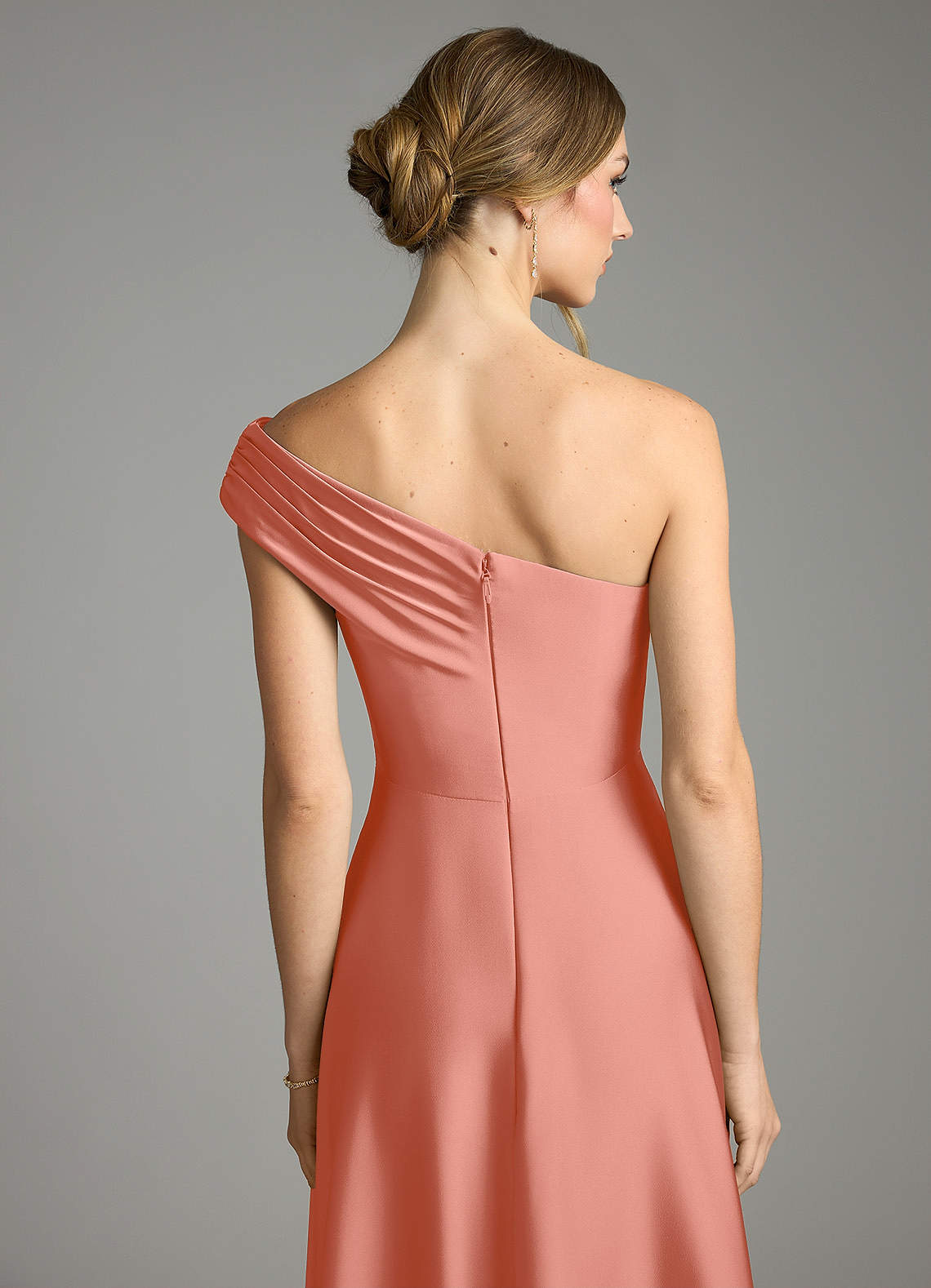 Melanie A-Line One-Shoulder Stretch Satin Bridesmaid Dress in Salmon Pink