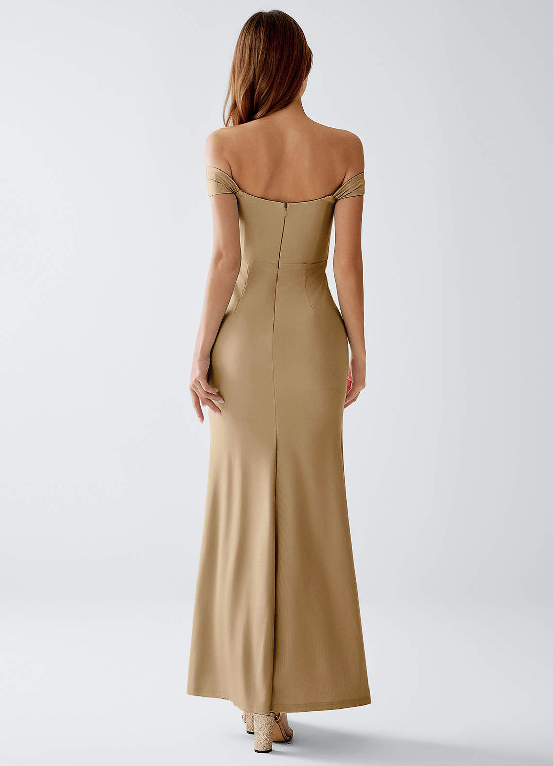 Crala Sheath Corset Stretch Knit Evening Dress in Dark Champagne