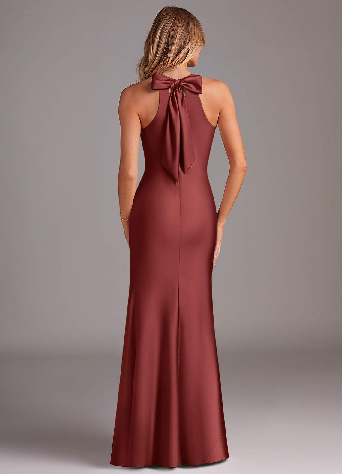 Doretta Mermaid Halter Stretch Satin Bridesmaid Dress in Terracotta