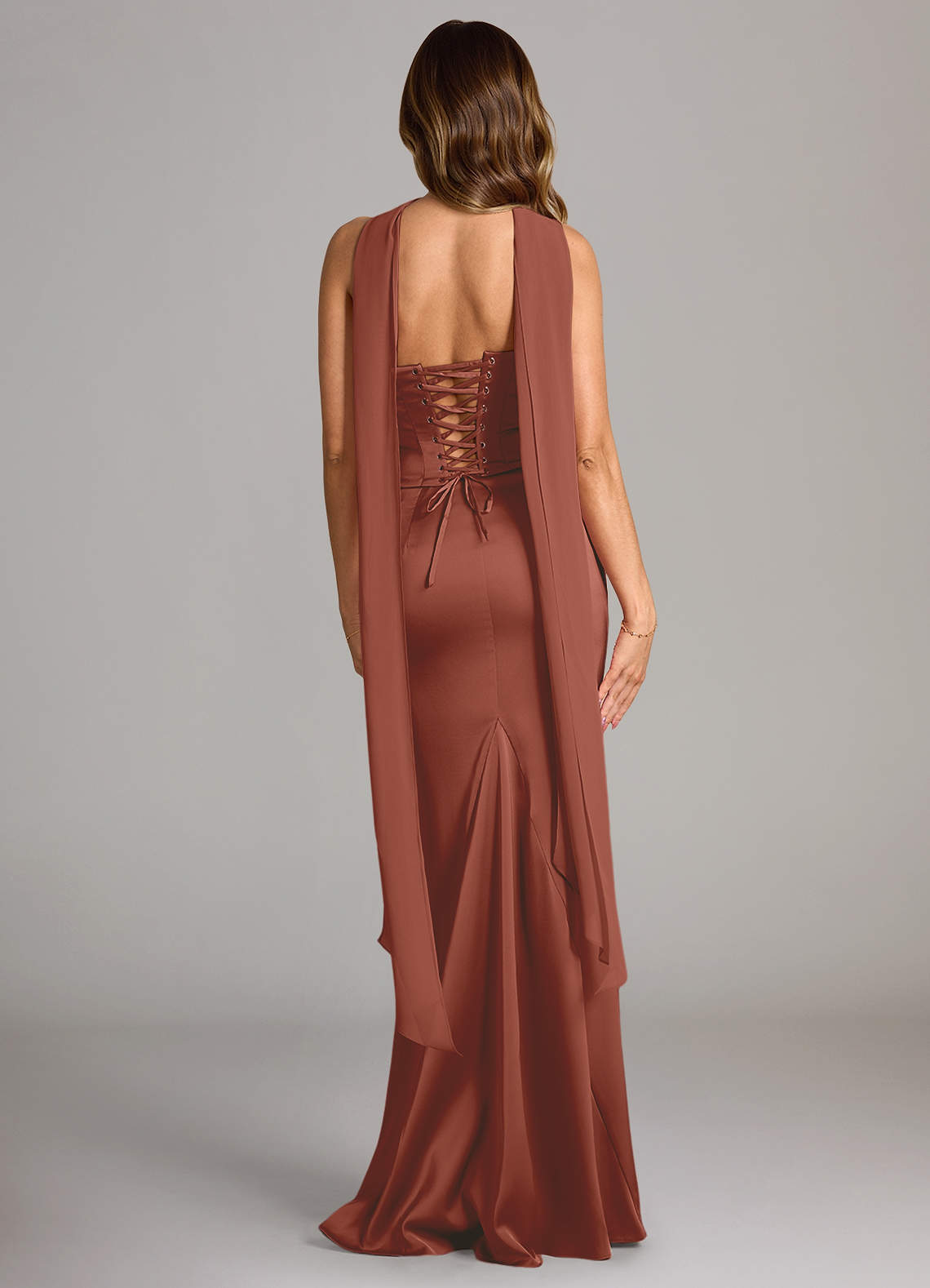 Sorrel Mermaid Cowl-Neck Stretch Satin and Chiffon Bridesmaid Dress in Auburn