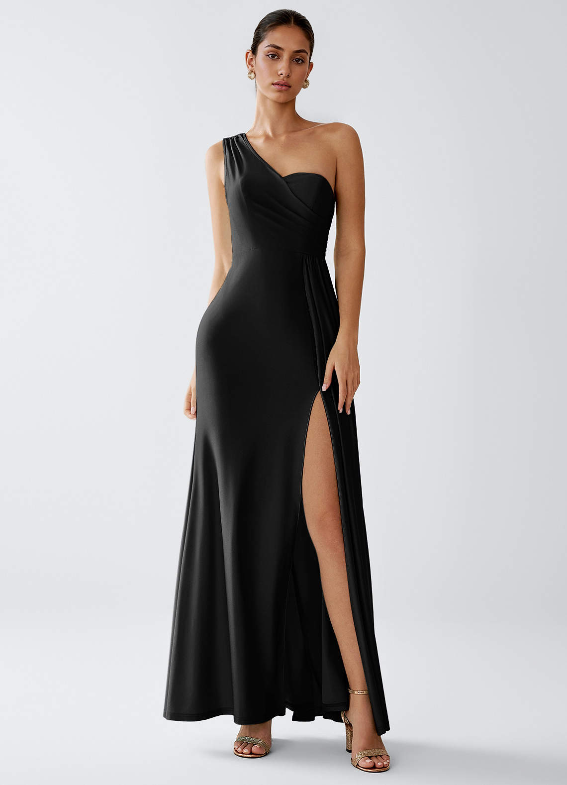 Celira Sheath One-Shoulder Glossy Knit Evening Dress in Black