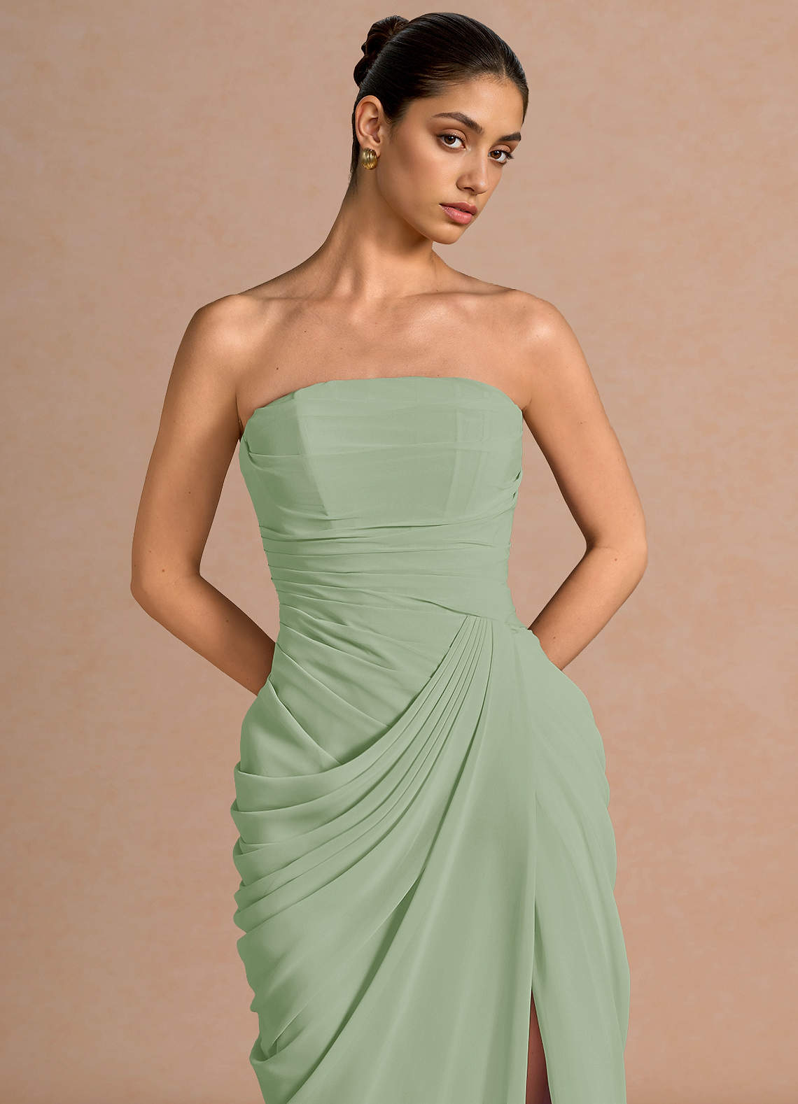 Kaavia Column Pleated Chiffon Maxi Evening Dress in Light Green