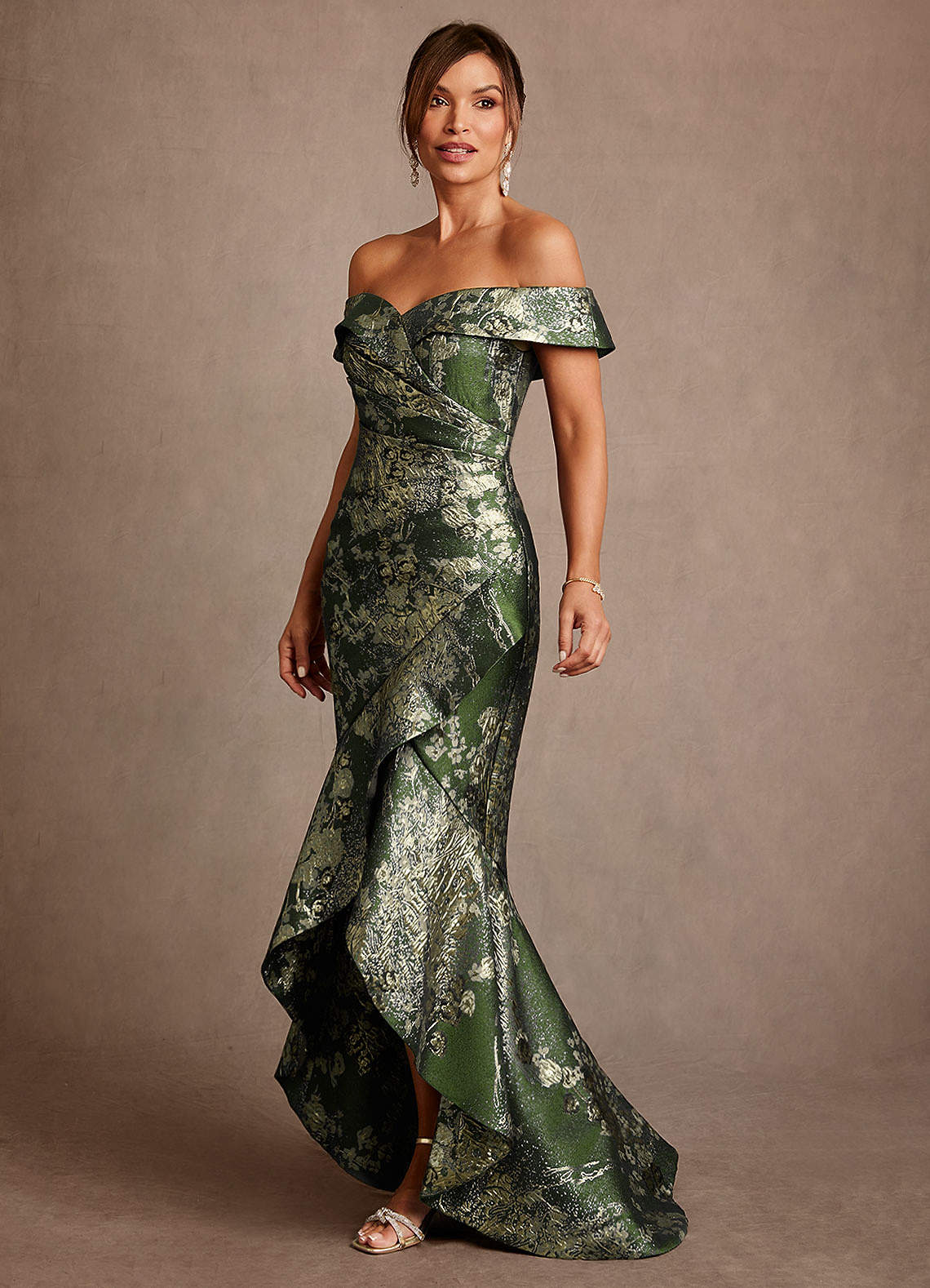 Winnetka Mermaid Off-the-Shoulder Jacquard Mother of the Bride Dress in Matcha Green