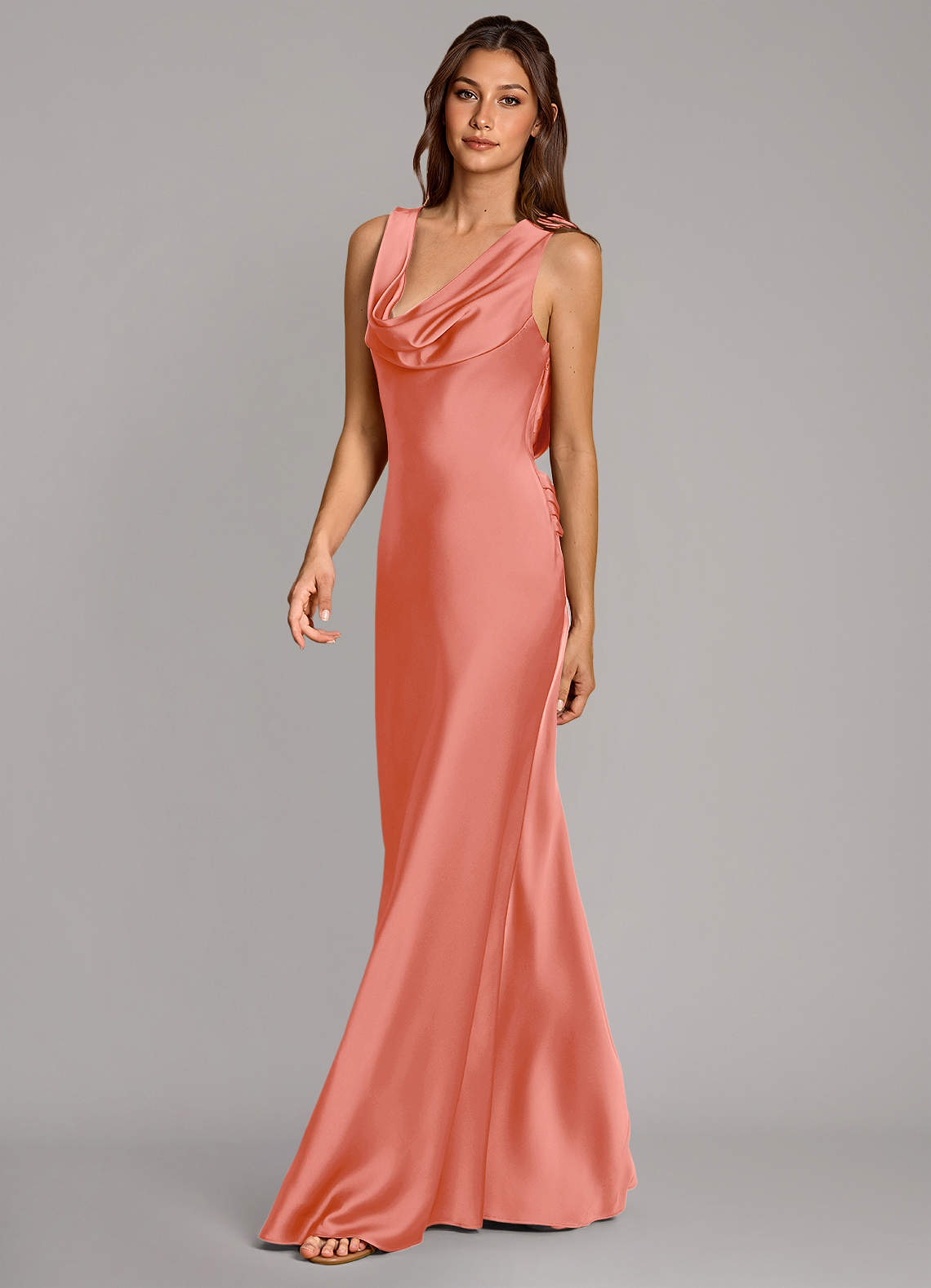 Cheryl Mermaid Cowl-Neck Stretch Satin Bridesmaid Dress in Salmon Pink