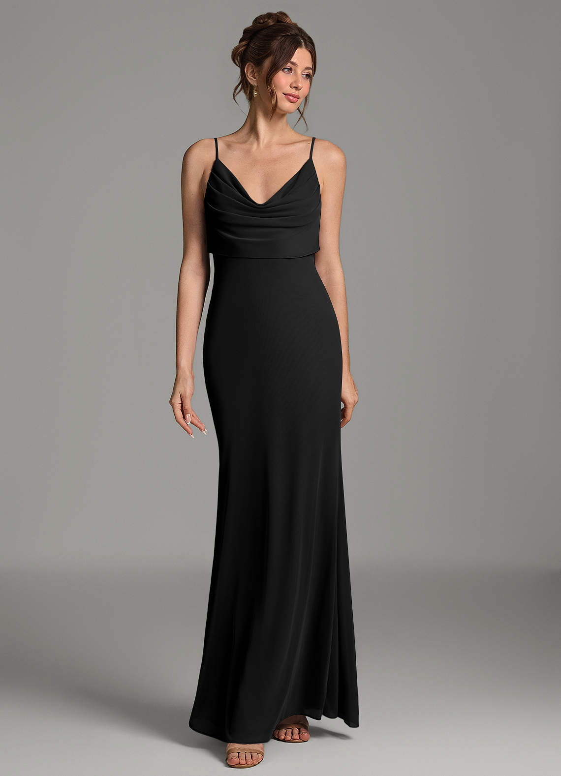 Zari Mermaid Cowl-Neck Mesh Bridesmaid Dress in black