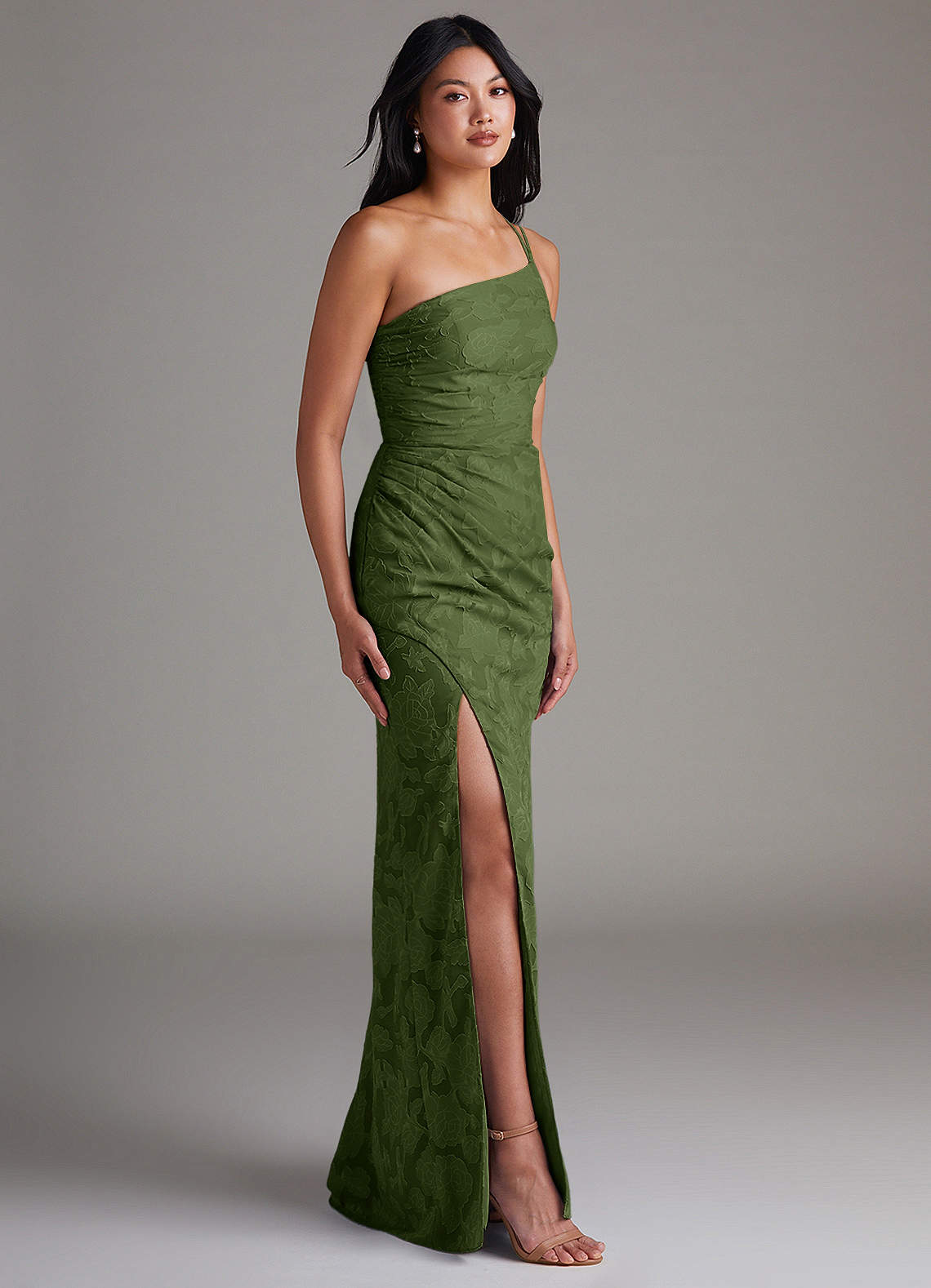 Eren Sheath One-Shoulder Floral Burnout Bridesmaid Dress in Olive