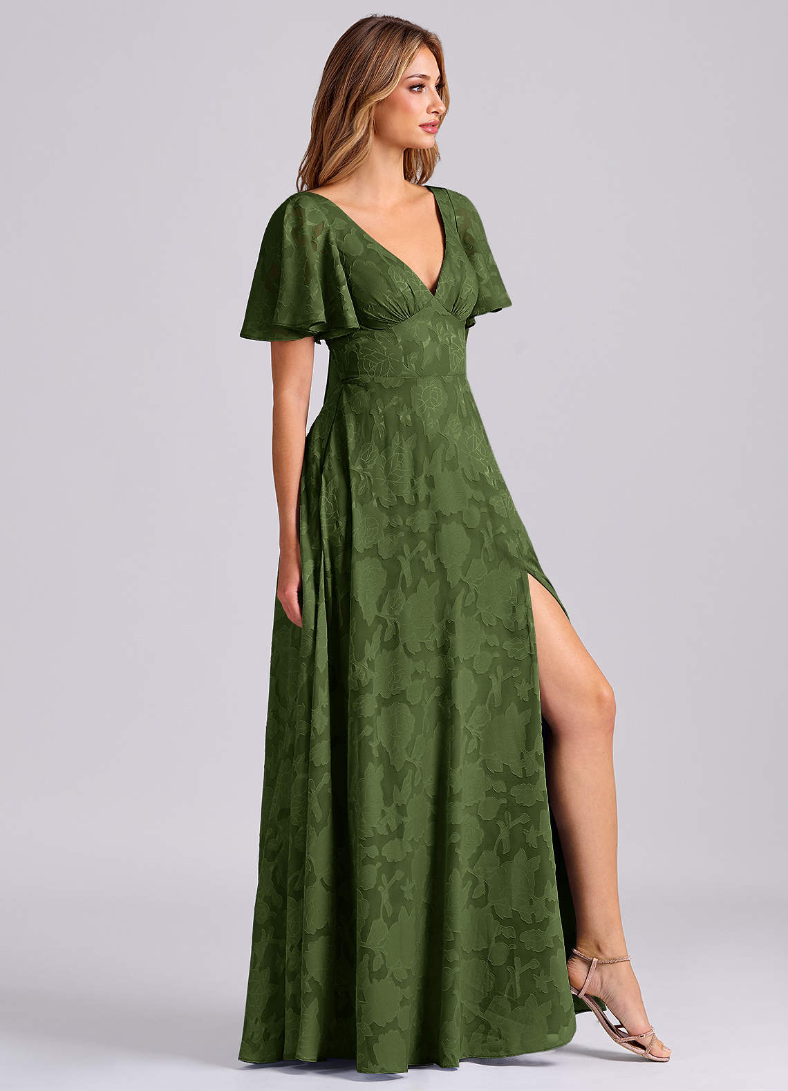 Kimber A-Line V-Neck Floral Burnout Bridesmaid Dress in Olive