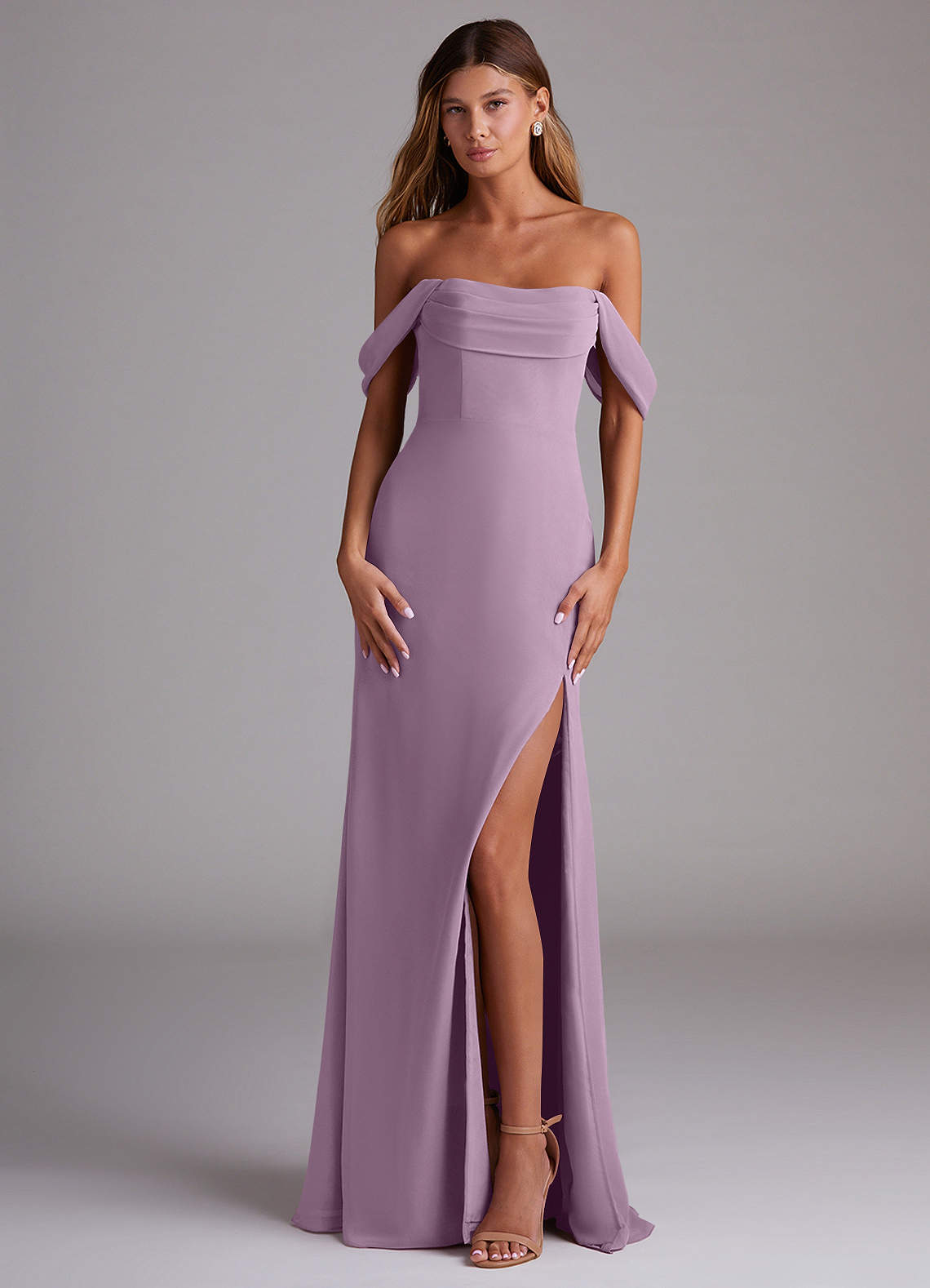Saige A-Line Off-the-Shoulder Chiffon Bridesmaid Dress in Wisteria