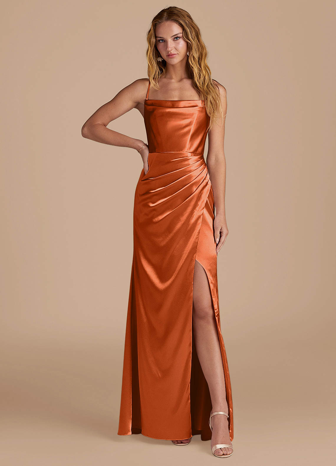Marzia Mermaid Square-Neck Metallic Satin Bridesmaid Dress in Burnt Orange