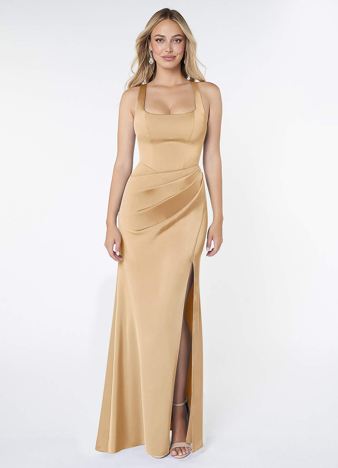 Mero Mermaid Square-Neck Stretch Satin Bridesmaid Dress in Gold