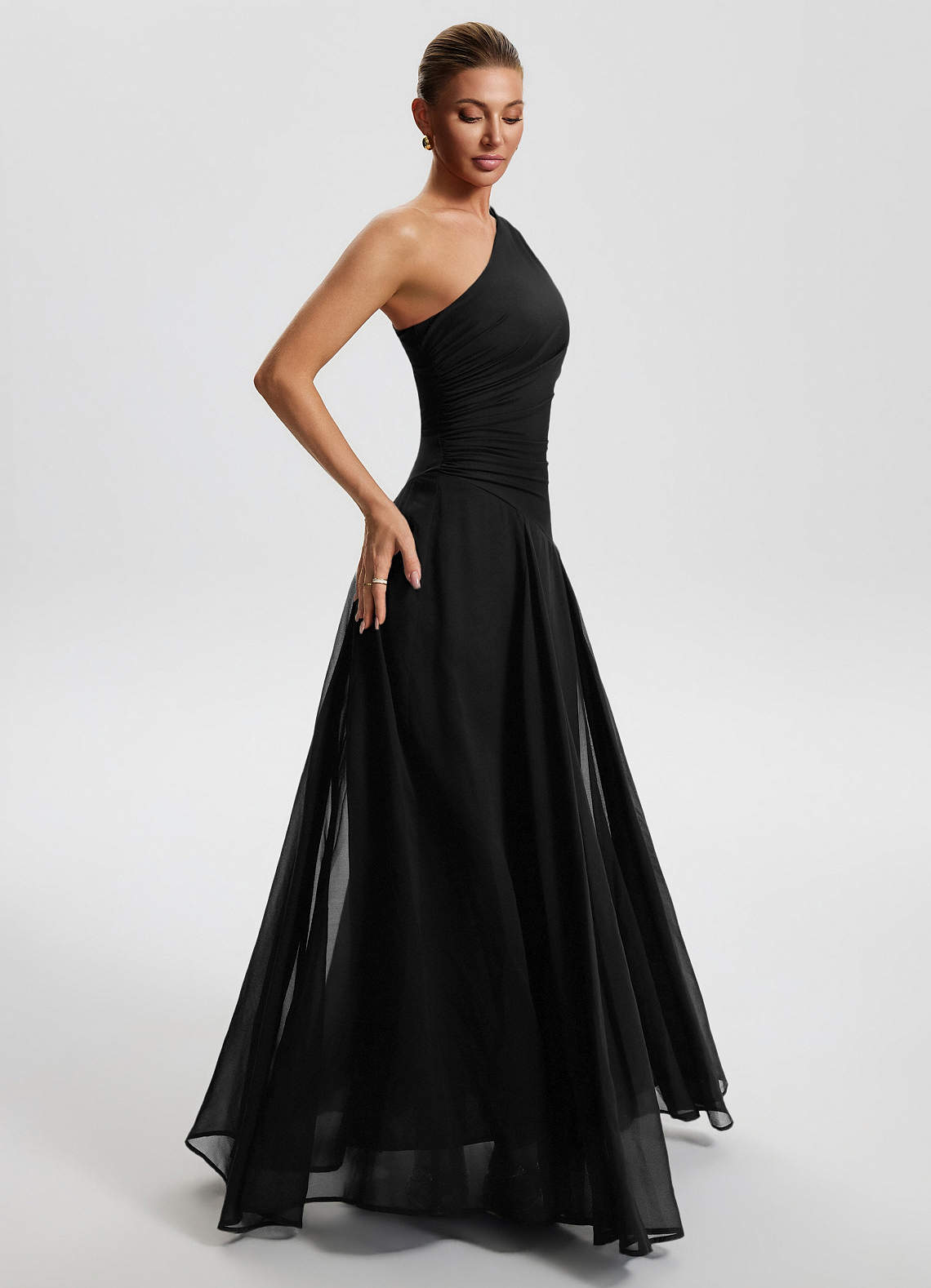 Sylvaine A-Line One-Shoulder Chiffon Wedding Guest Dress in black