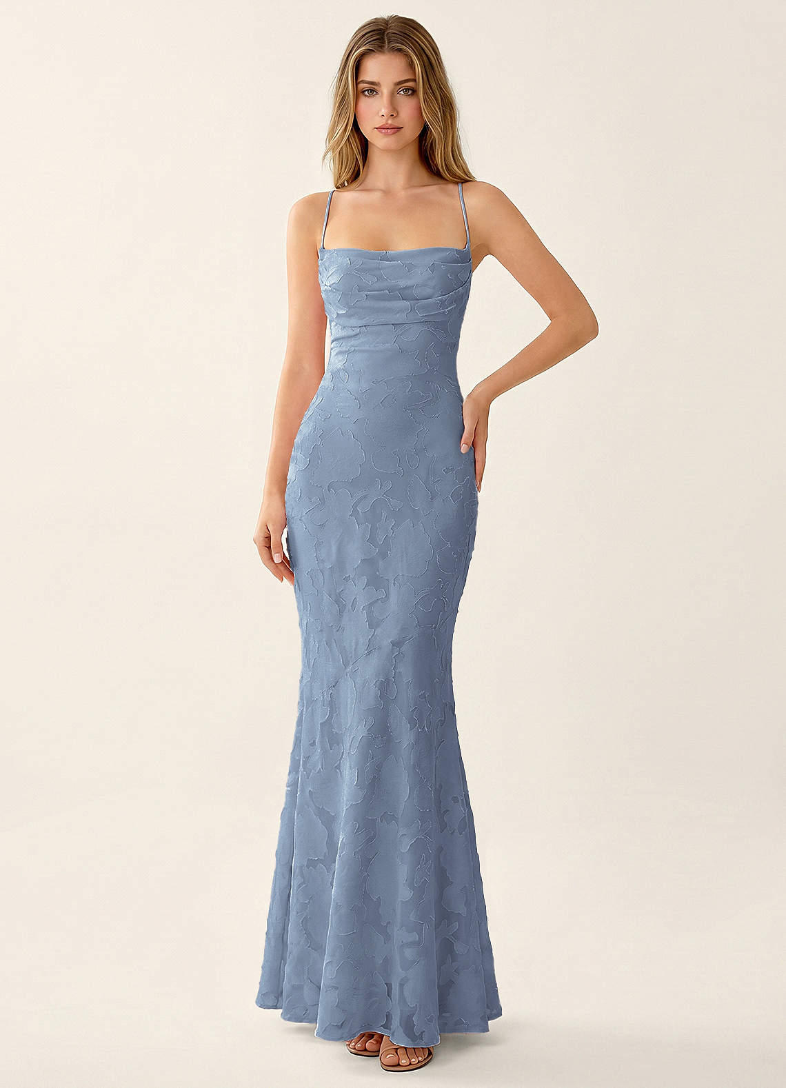 Natasha Mermaid Spaghetti-Strap Floral Burnout Evening Dress in Powder Blue