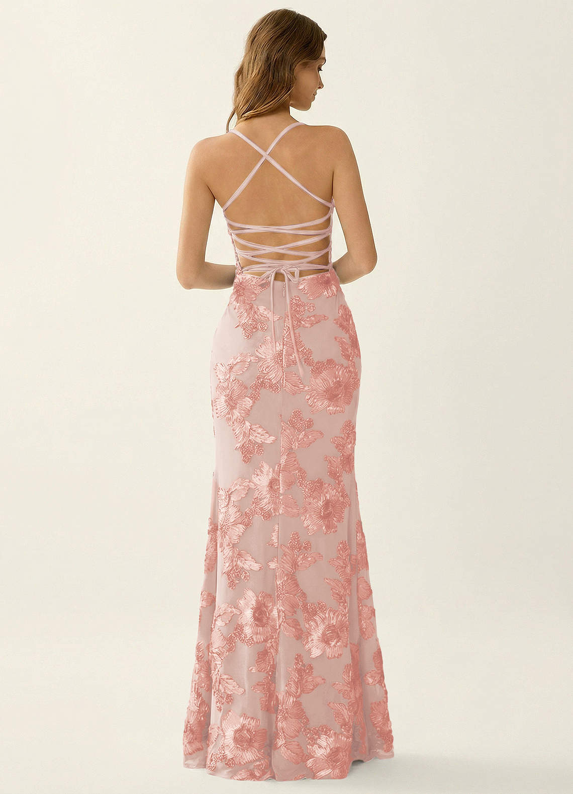 Kailani Mermaid Spaghetti-Strap Lace Evening Dress in English Rose