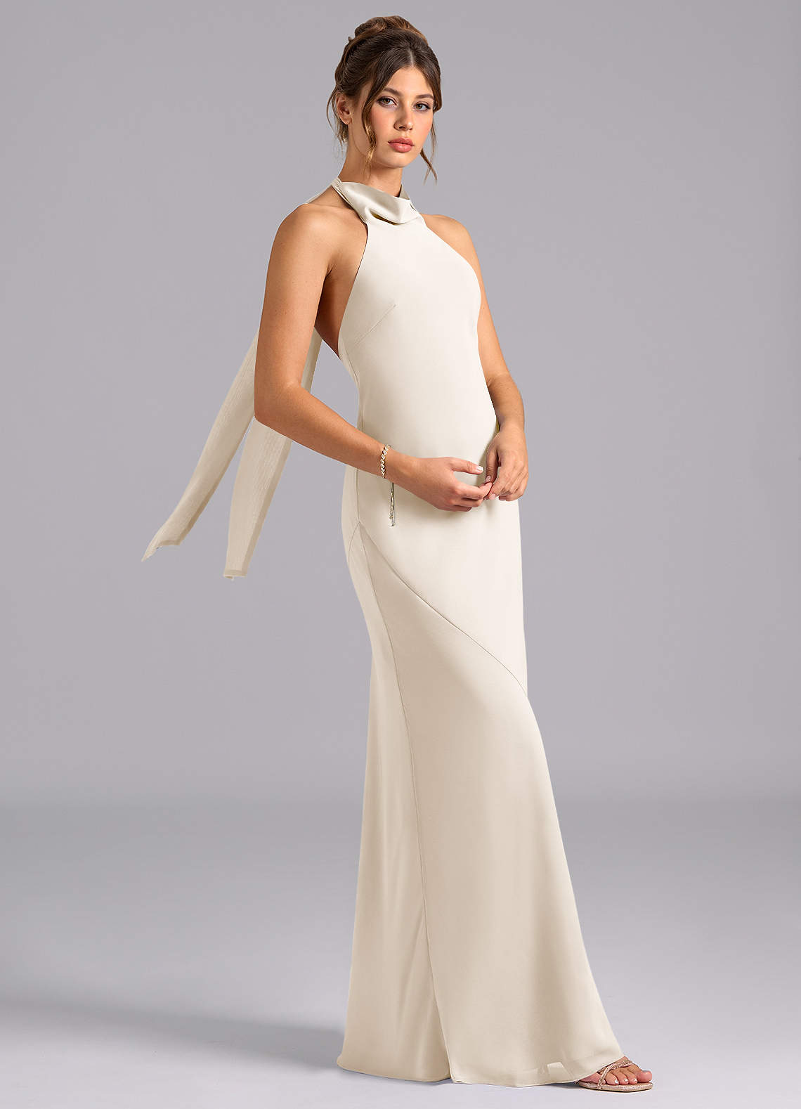 Velli Mermaid Halter Chiffon Bridesmaid Dress in White Alabaster