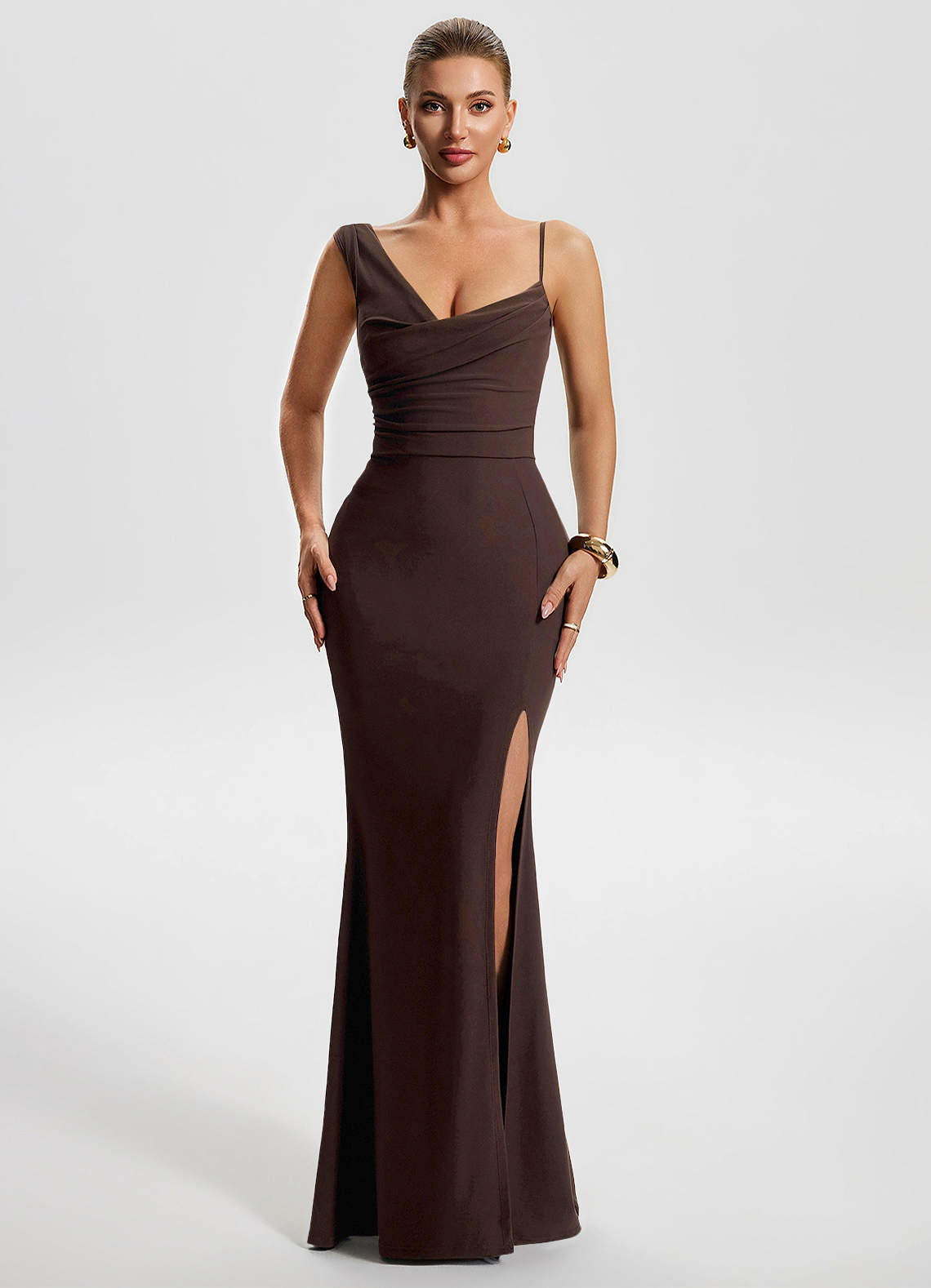 Freya Mermaid Cowl-Neck Stretch Jersey Evening Dress in Ganache