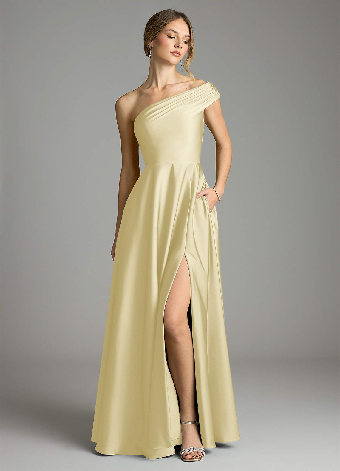 Melanie A-Line One-Shoulder Stretch Satin Bridesmaid Dress in Lemon Sorbet
