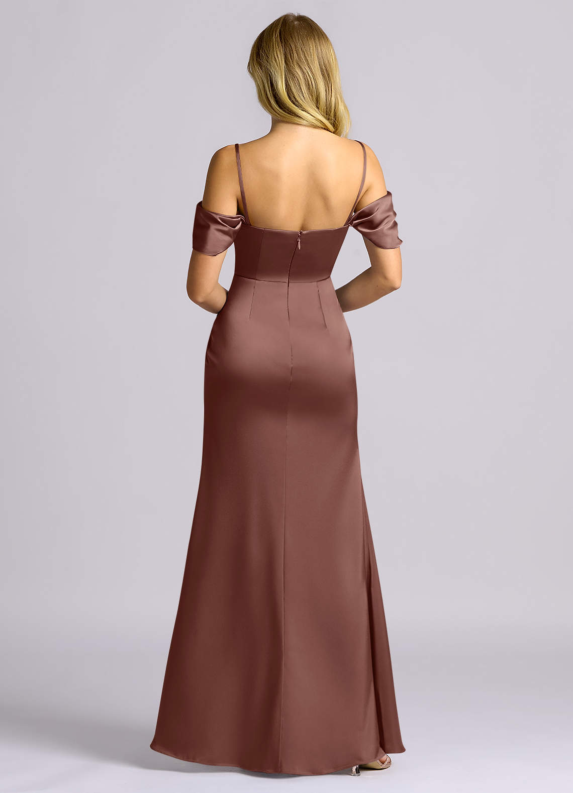 Auden Sheath Off-the-Shoulder Stretch Satin Bridesmaid Dress in Espresso