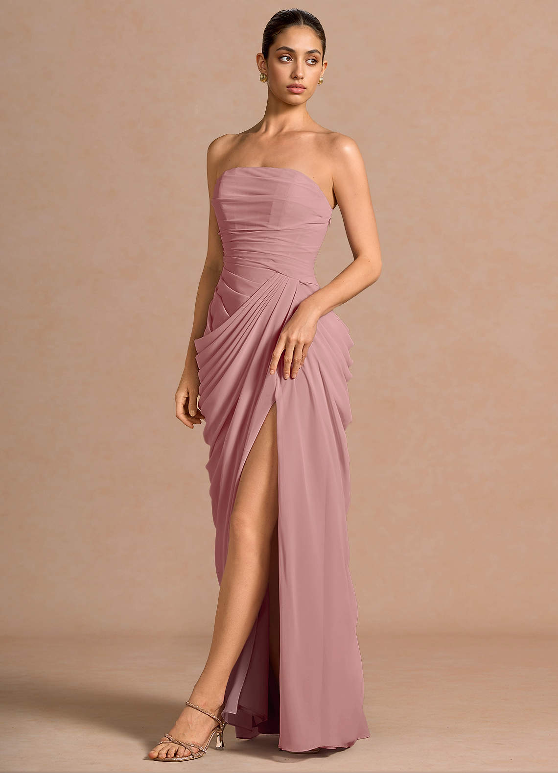 Kaavia Column Pleated Chiffon Maxi Evening Dress in Dusty Pink